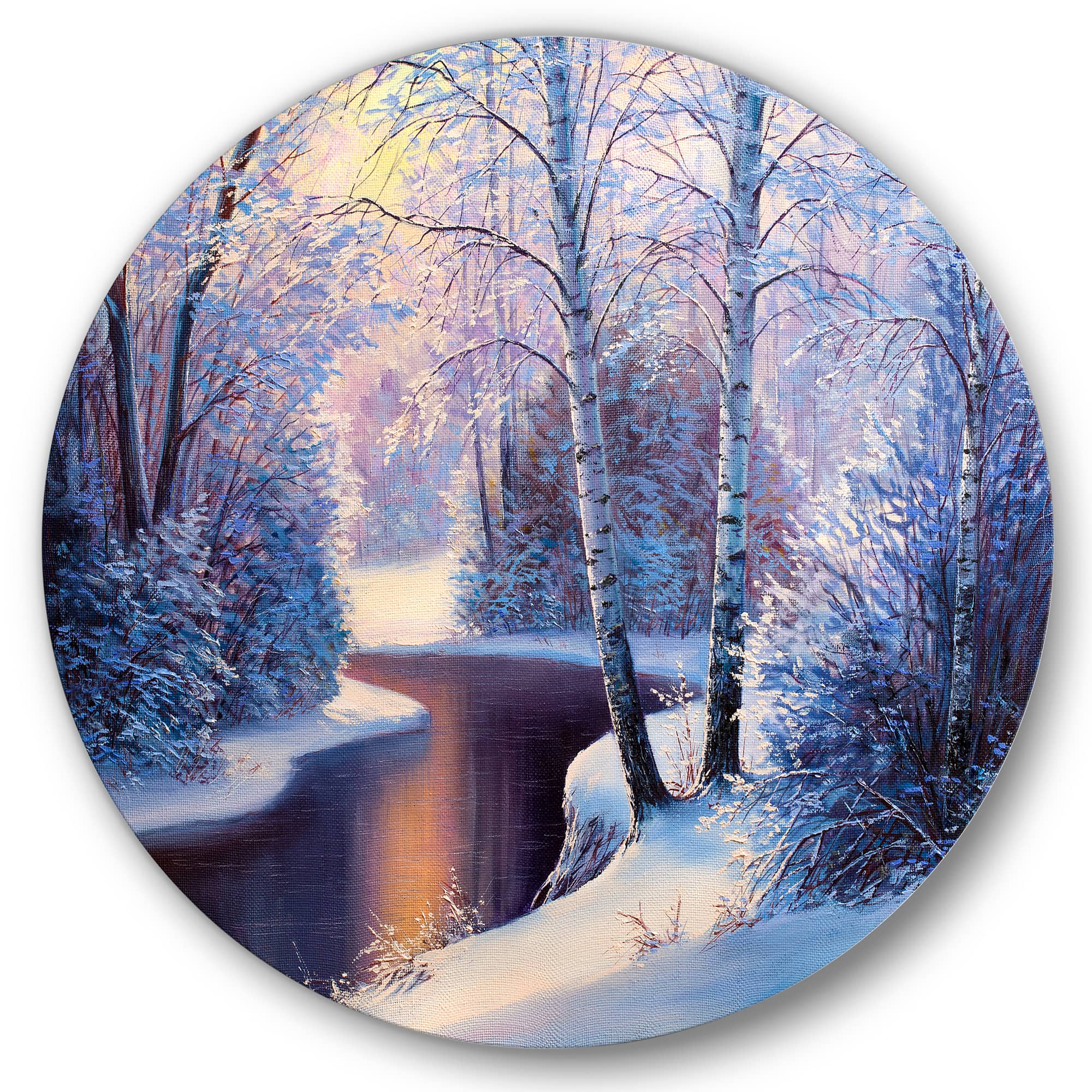 Designart - Christmas Forest With River and Trees I - Traditional Metal Circle Wall Art