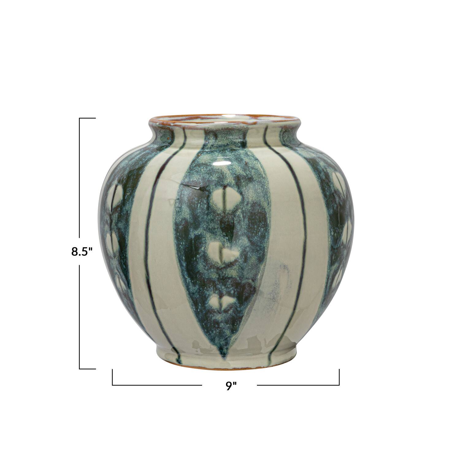 Hello Honey® 9" Cream & Green Reactive Glaze Striped Round Hand-Painted Stoneware Vase