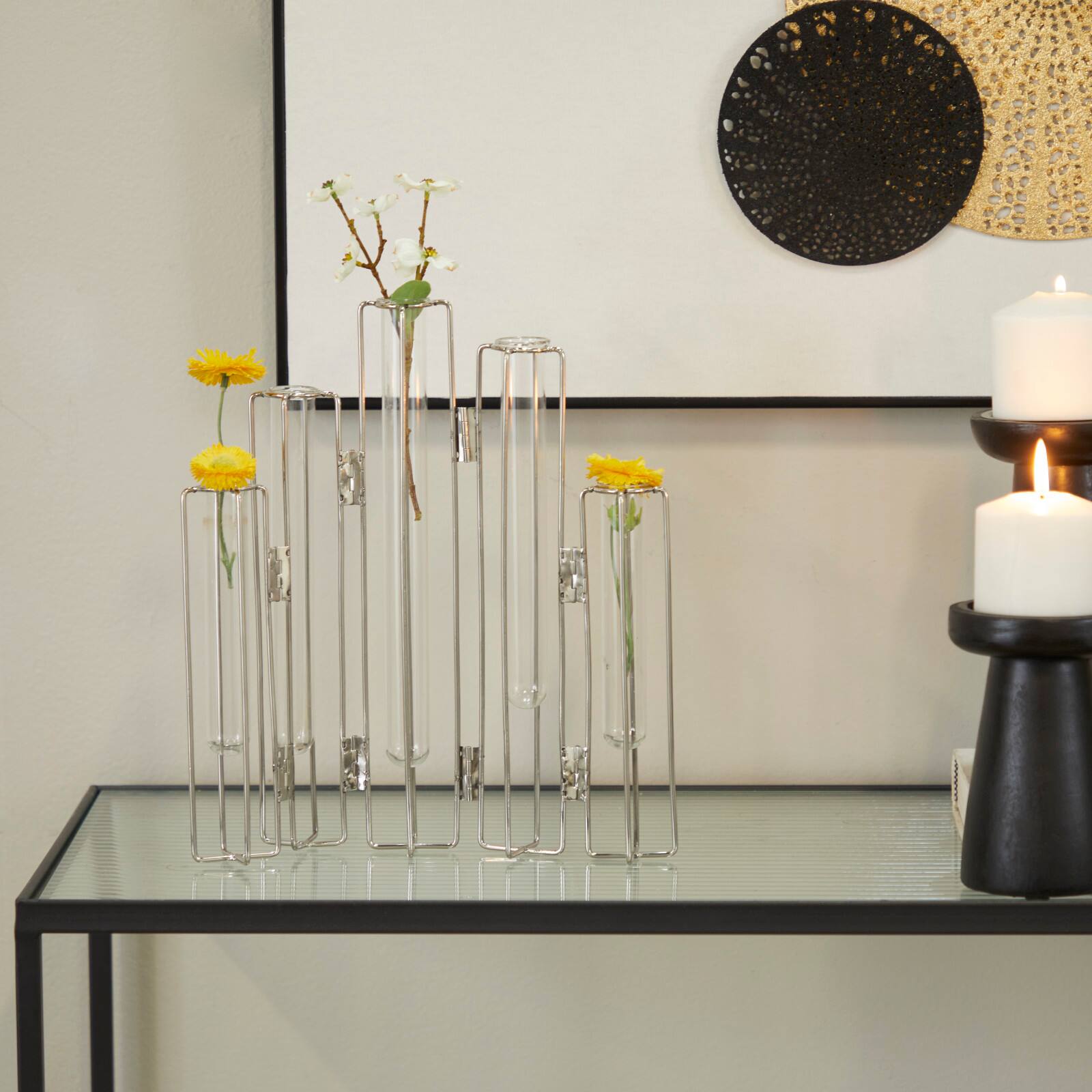 Silver Glass Tube Vase with Metal Stand 11" x 2" x 12"