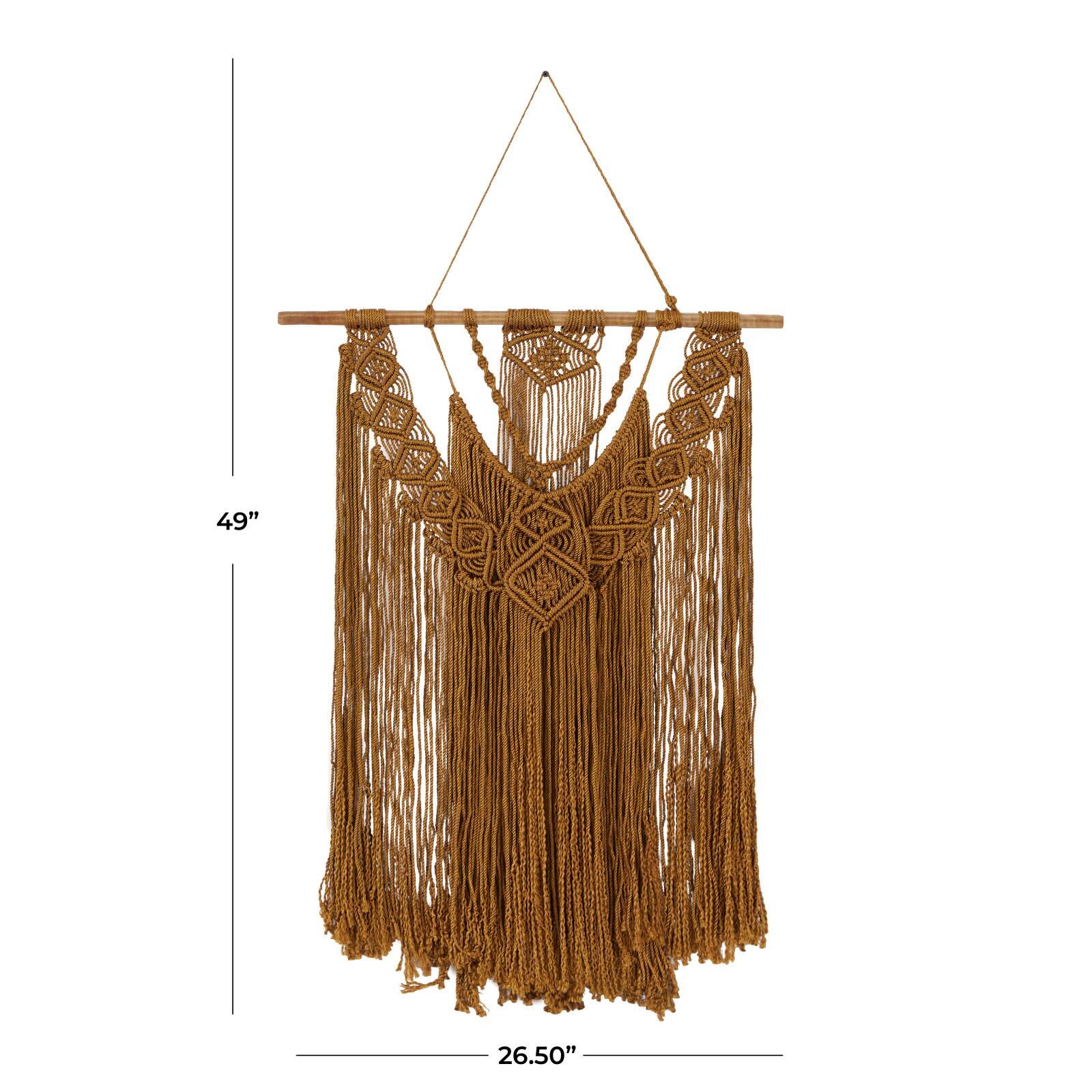Brown Fabric Handmade Intricately Weaved Macrame Wall Decor with Beaded Fringe Tassels 27&#x22; x 1&#x22; x 49&#x22;