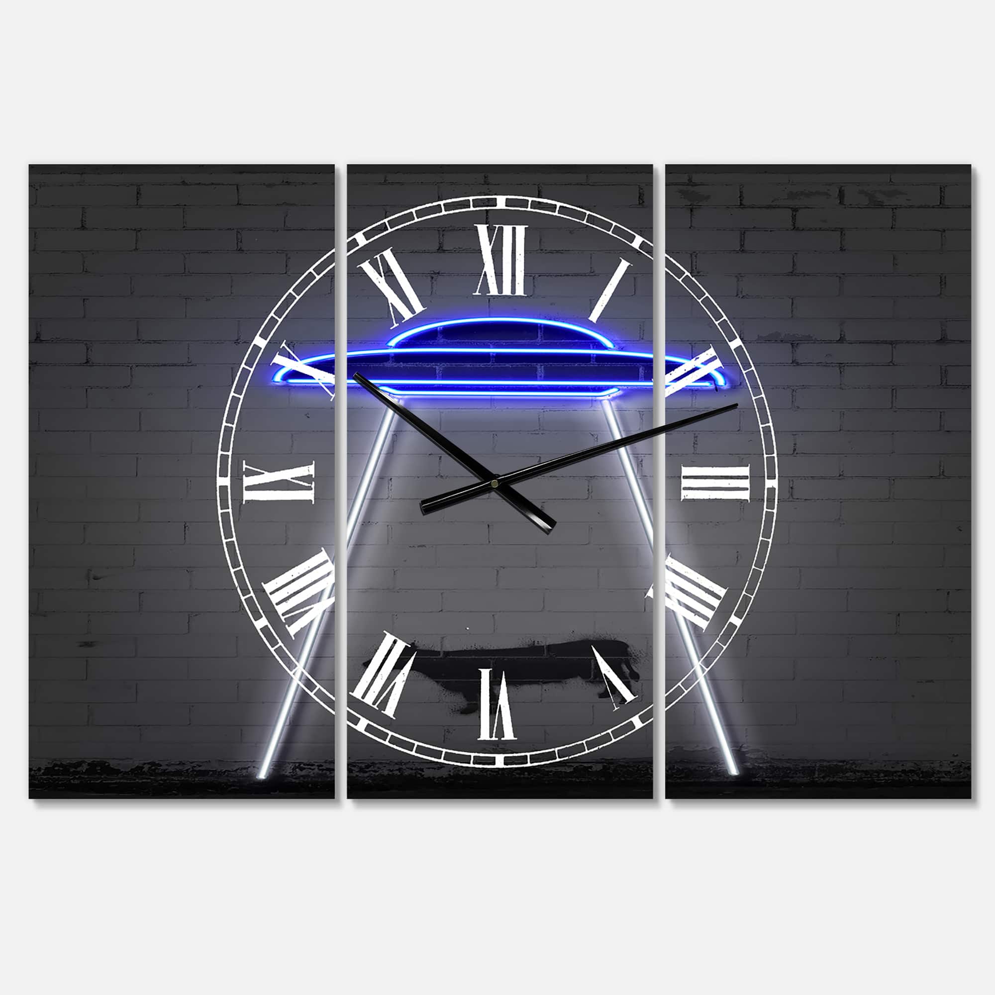 Designart Neon UFO Abducting Cow Modern 3 Panel Large Wall Clock