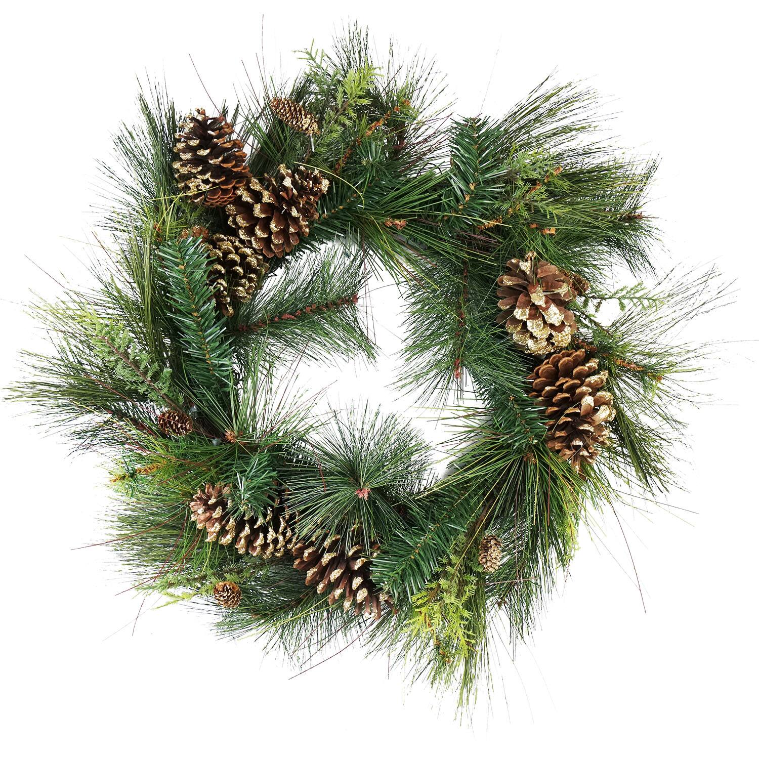 30&#x22; Mixed Pine with Pinecones &#x26; Gold Glitter Artificial Wreath