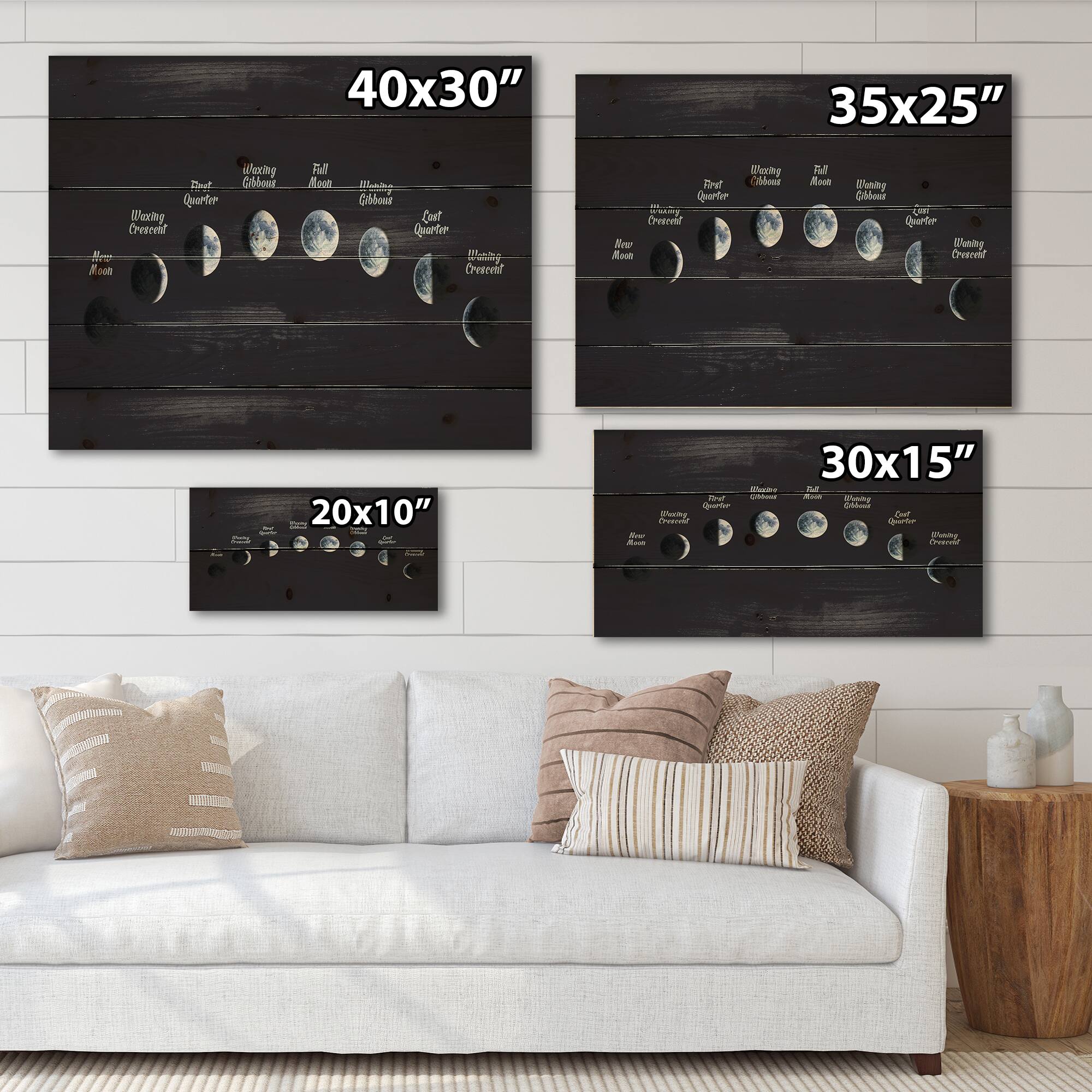 Designart - Moon Phases In Space - Bohemian &#x26; Eclectic Print on Natural Pine Wood