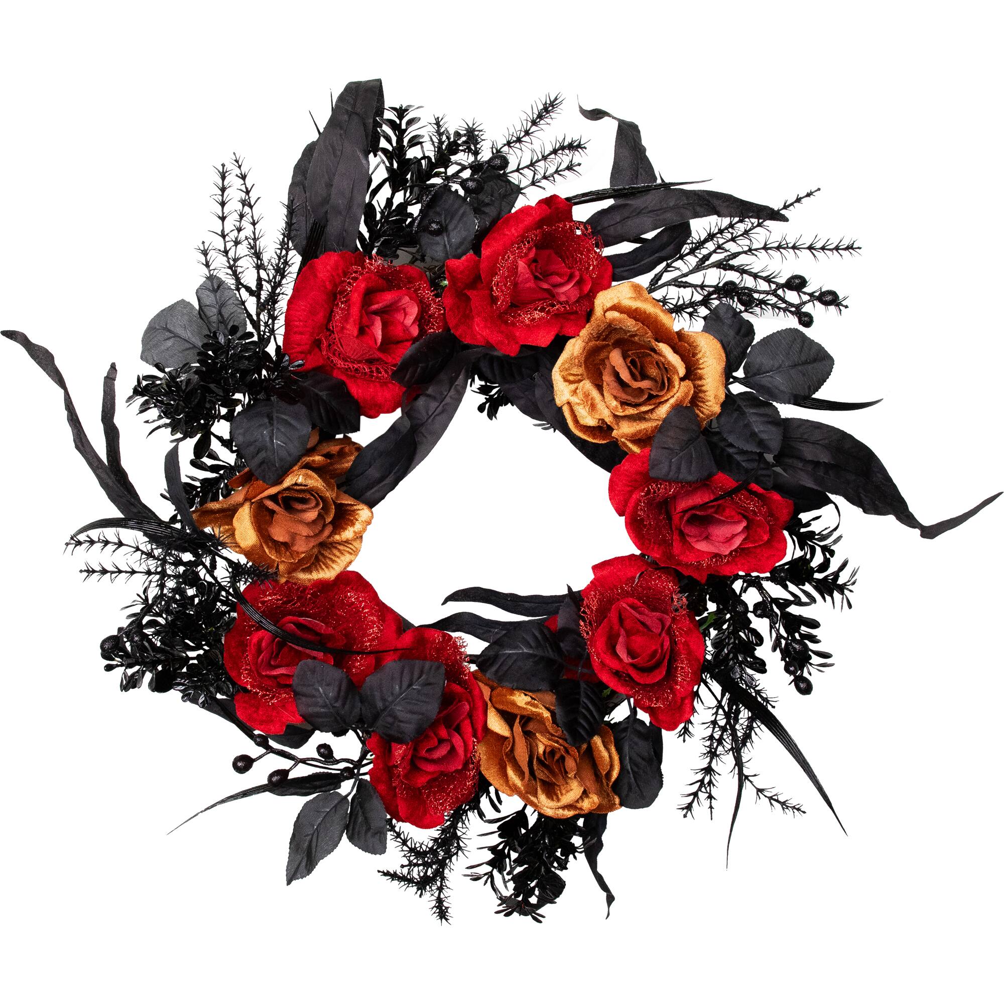 22" Red & Gold Roses with Black Foliage Halloween Wreath