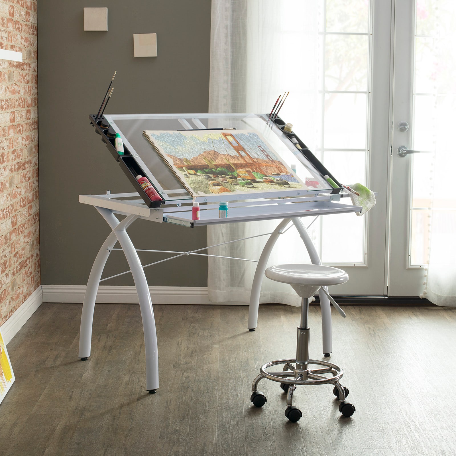 Studio Designs Futura Glass Top Craft Station with Folding Shelf in White