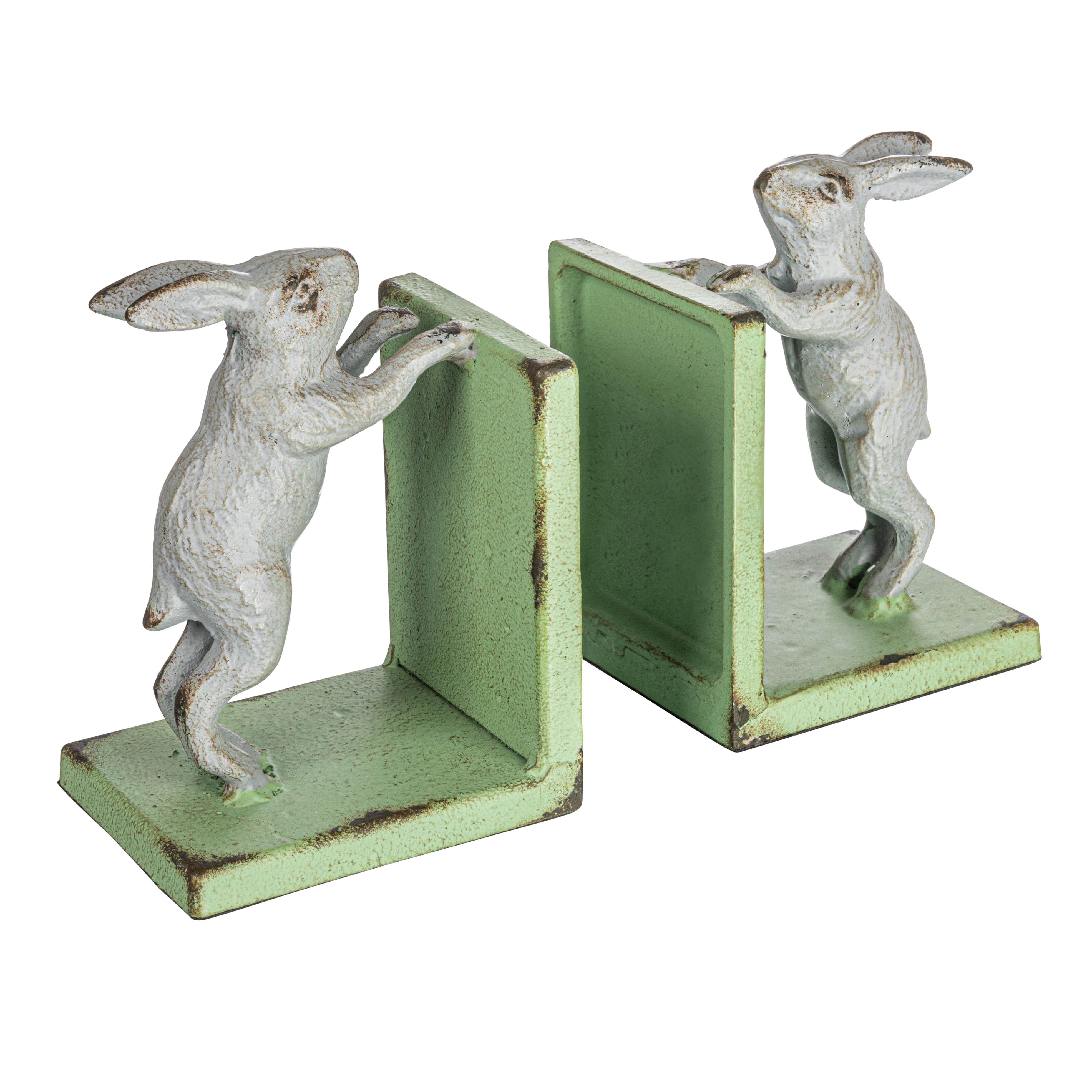 6&#x22; Gray &#x26; Green Iron Rabbit Bookends Set