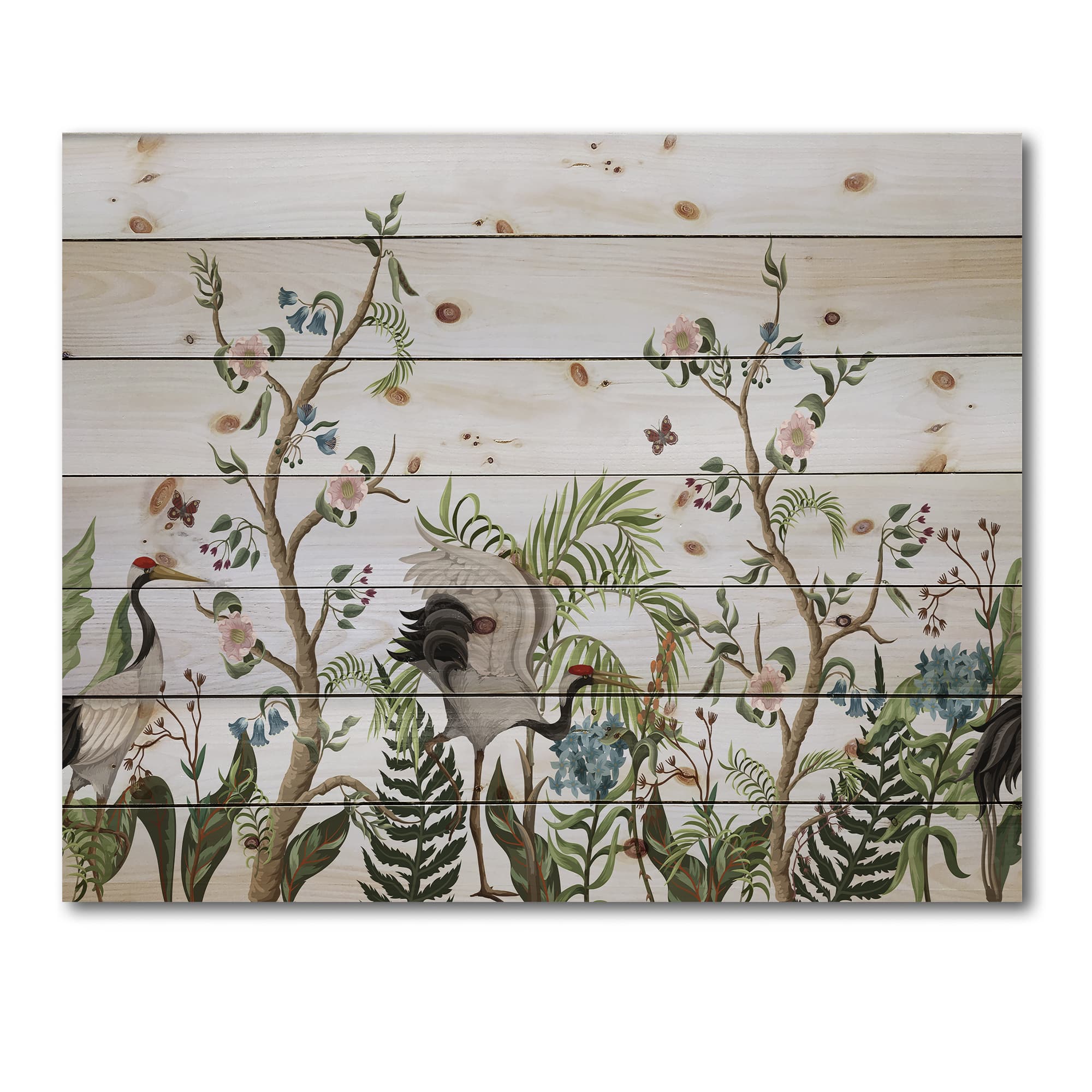 Designart - Border With Cranes &#x26; Peonies In Chinoiserie Style - Traditional Print on Natural Pine Wood