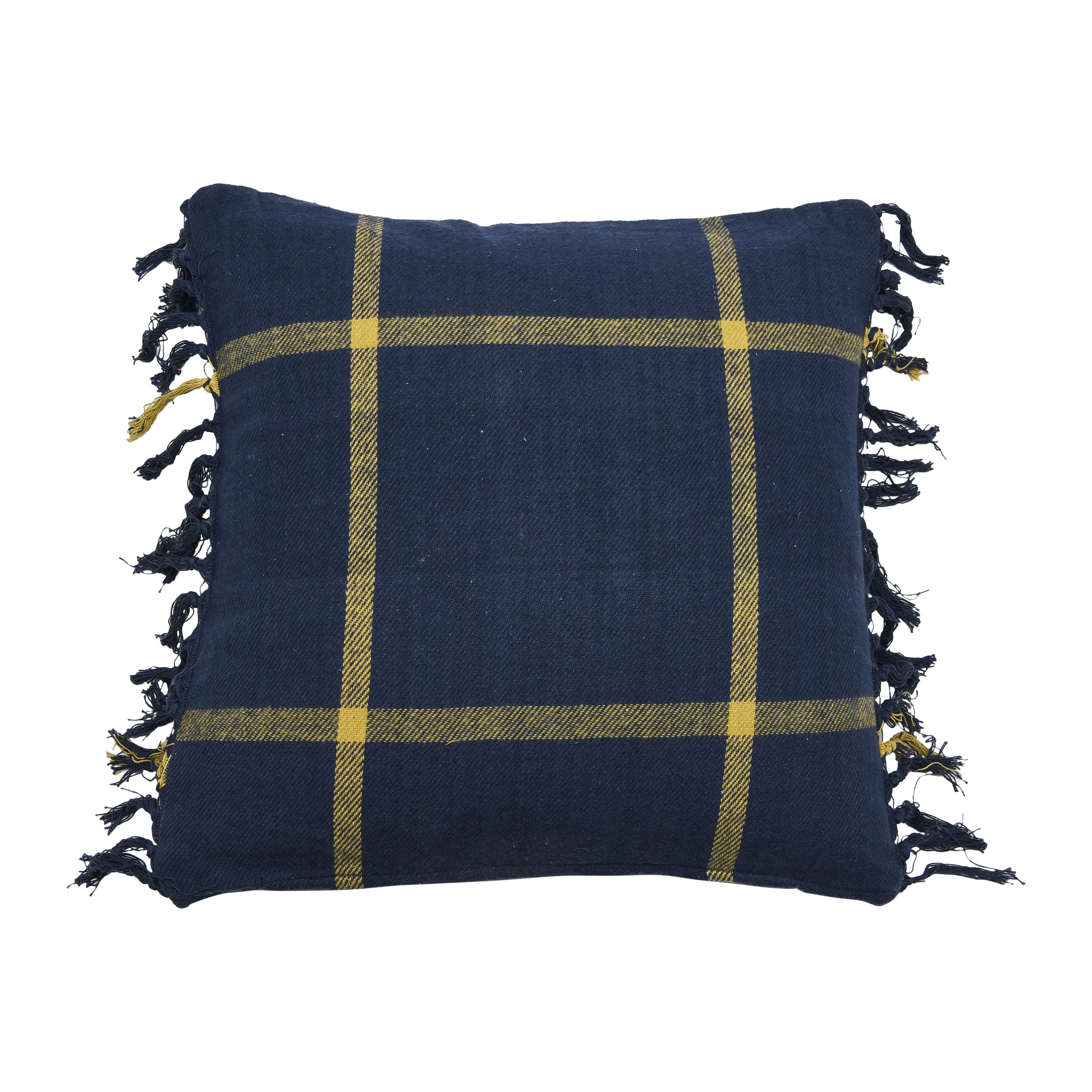 Hello Honey® Blue & Citron Plaid Cotton Flannel Pillow with Fringe