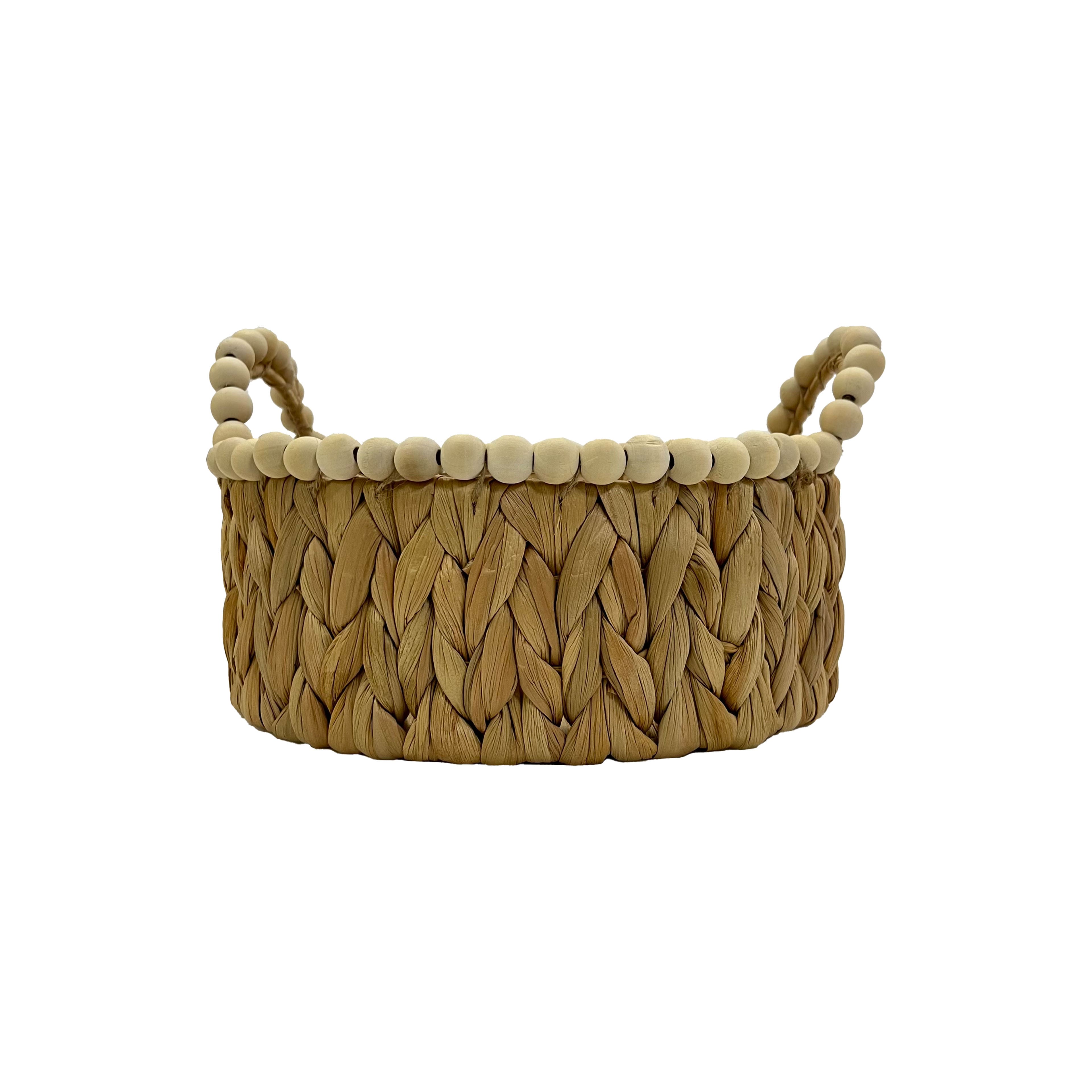 Small Round Water Hyacinth Woven Basket with Wood Beads by Ashland&#xAE;
