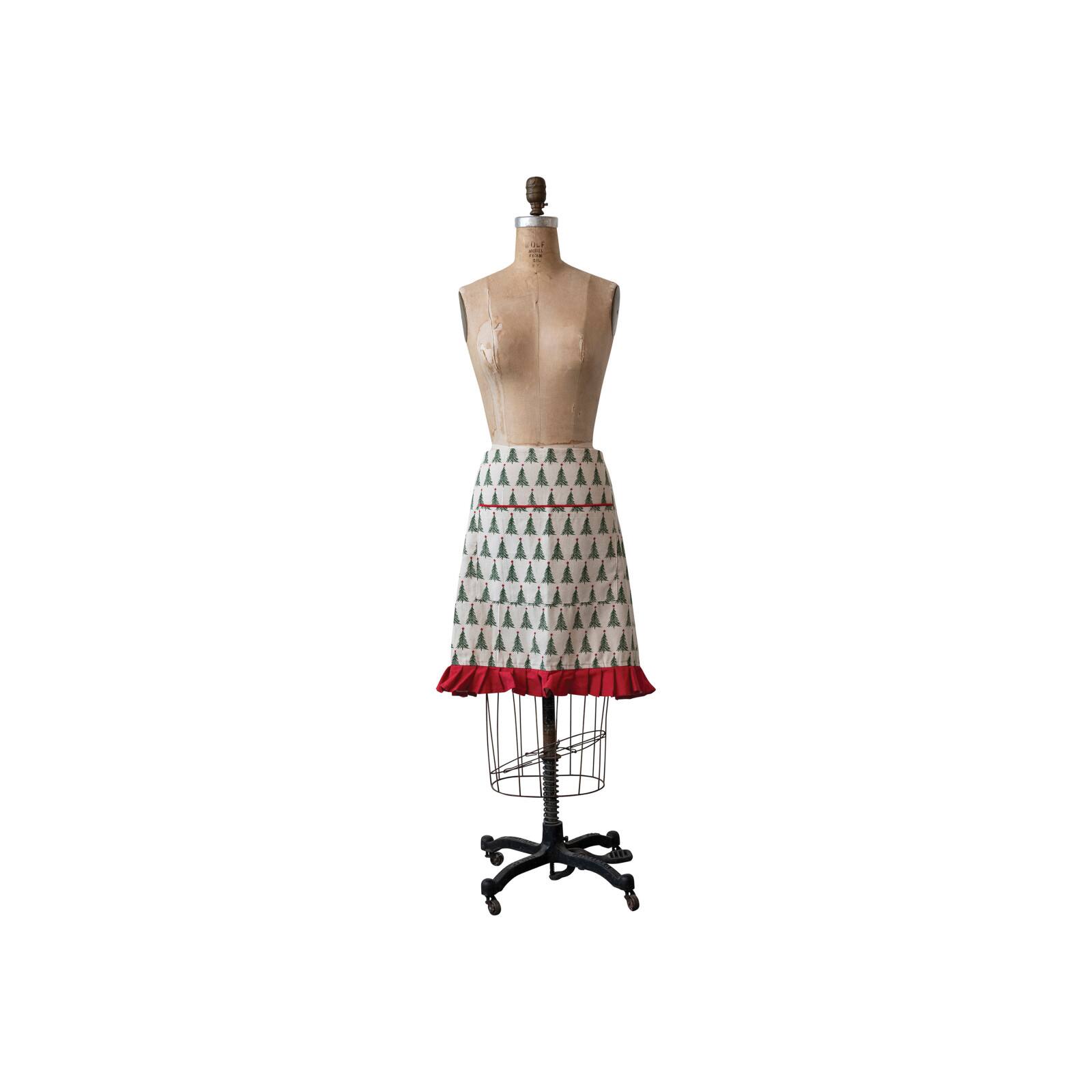 Hello Honey&#xAE; Natural, Green &#x26; Red Cotton Printed Half Apron with Christmas Tree Pattern, Pocket &#x26; Ruffle