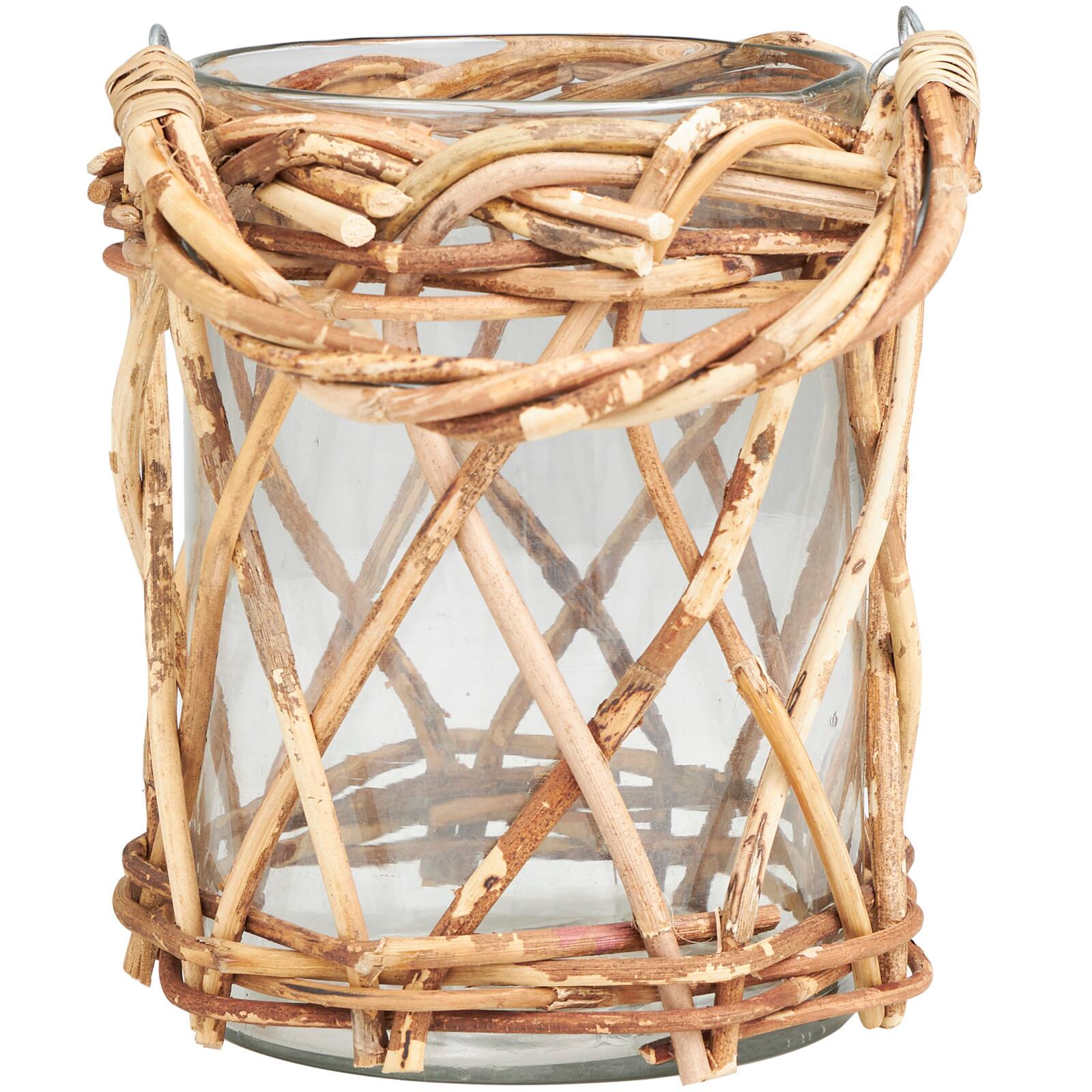 9" Clear Glass Handmade Candle Lantern with Brown Rattan Woven Exterior & Twisted Handle