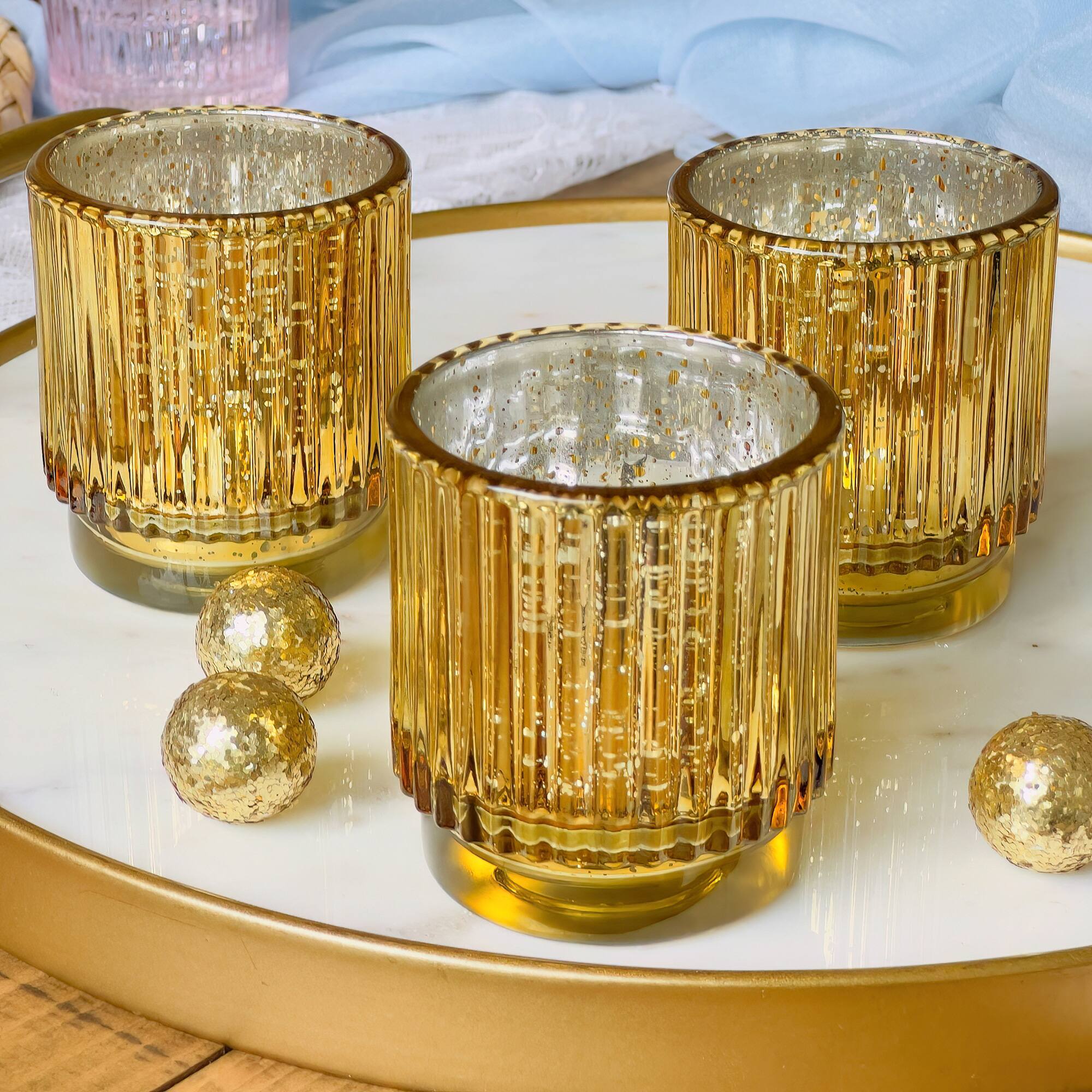 Kate Aspen&#xAE; Gold Vintage Ribbed Glass Tealight Votive Candle Holder Set