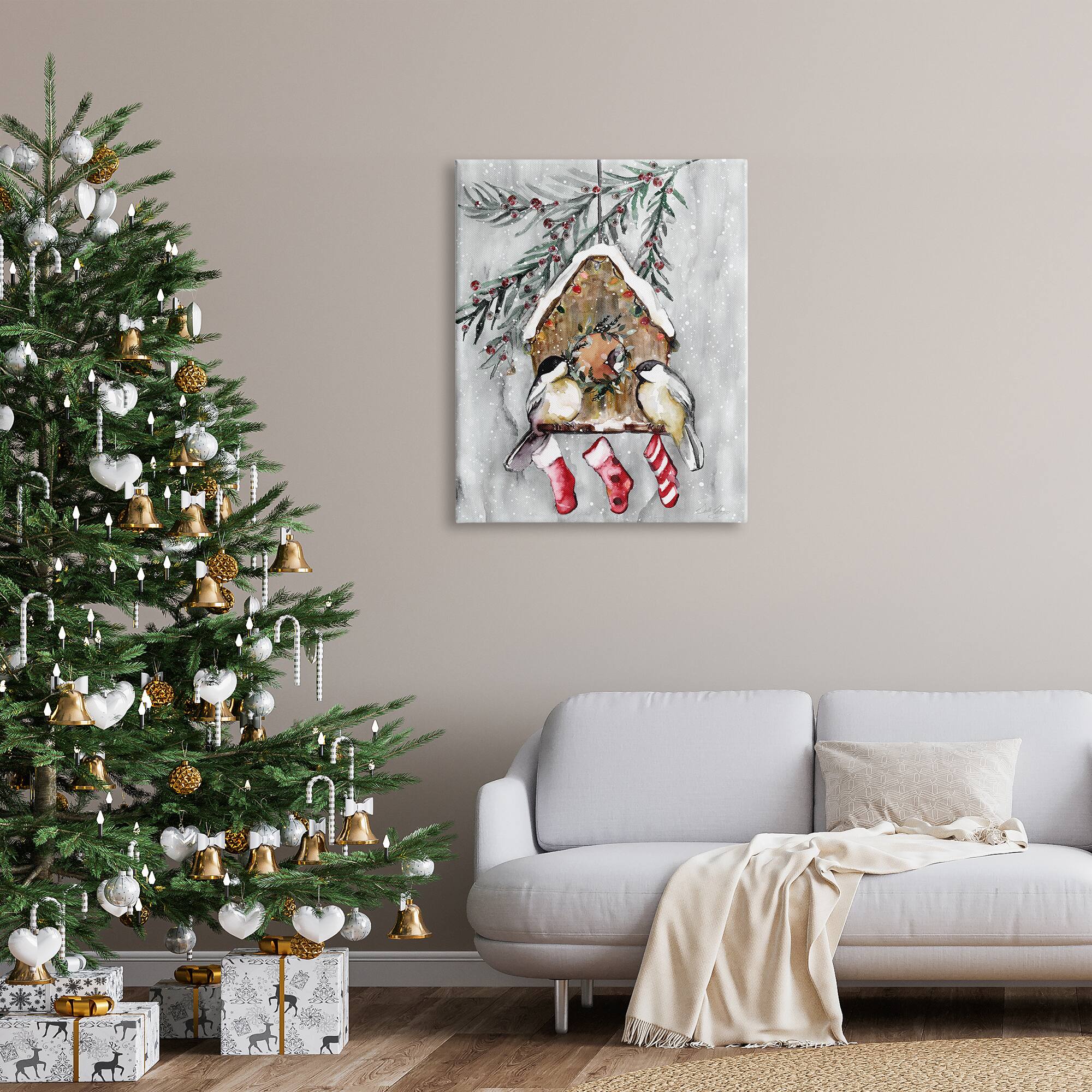 Stupell Industries Holiday Stockings Birdhouse Perched Canvas Wall Art