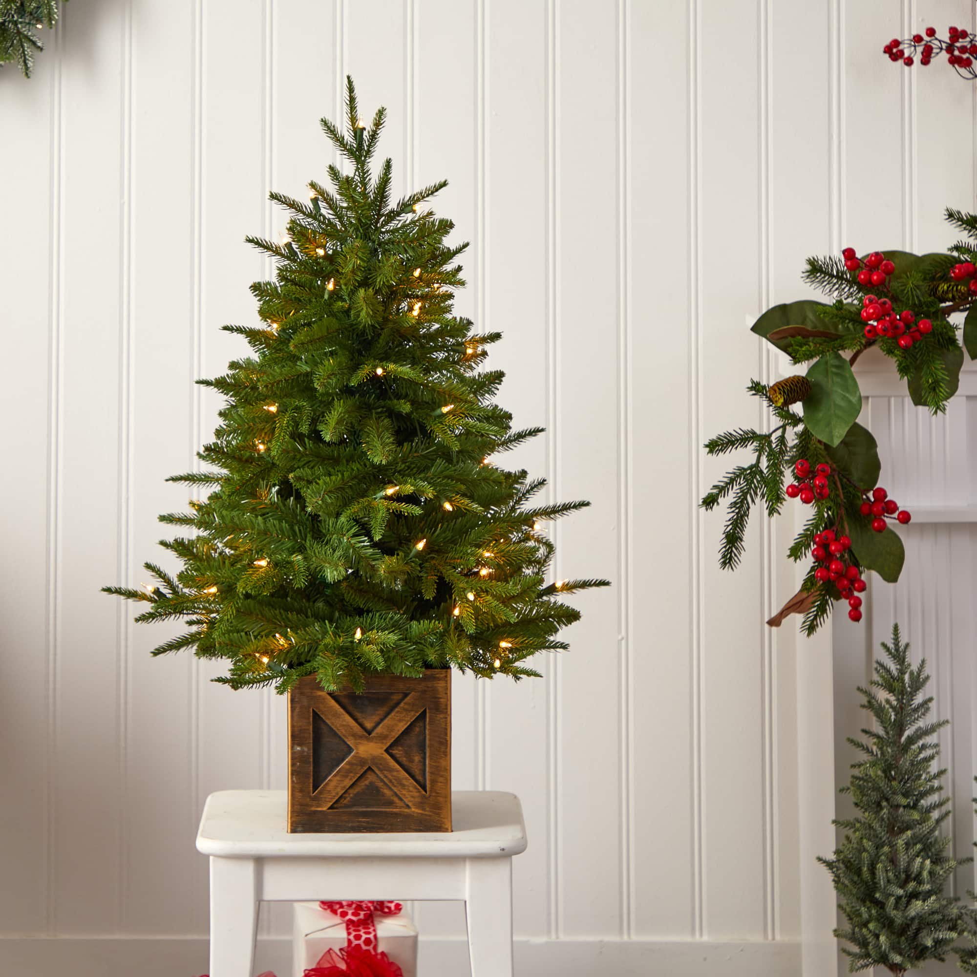 3ft. Pre-Lit Finland Fir Artificial Christmas Tree in Decorative Planter, Warm White Lights