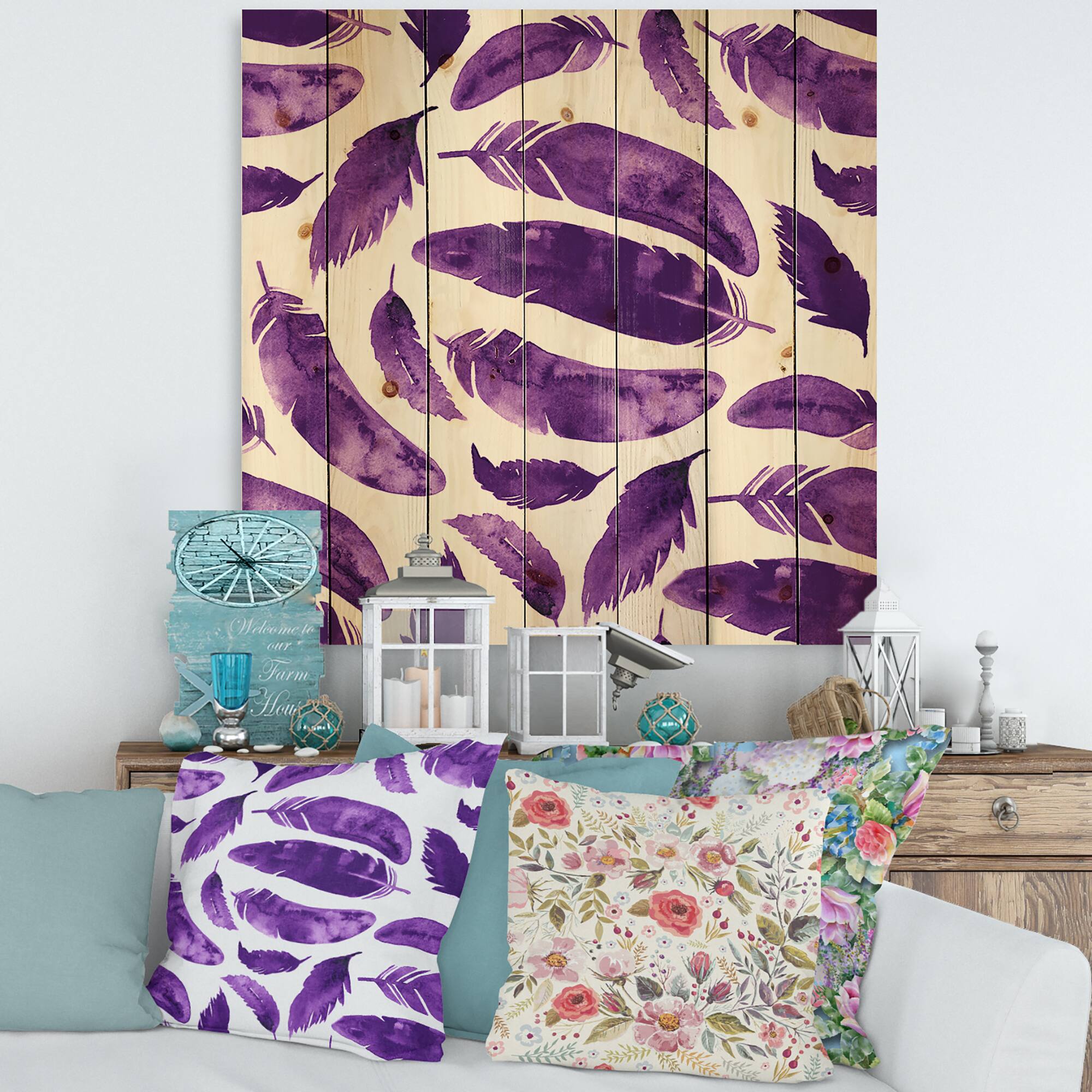 Designart - Ethnic VIolet Feathers - Bohemian &#x26; Eclectic Print on Natural Pine Wood
