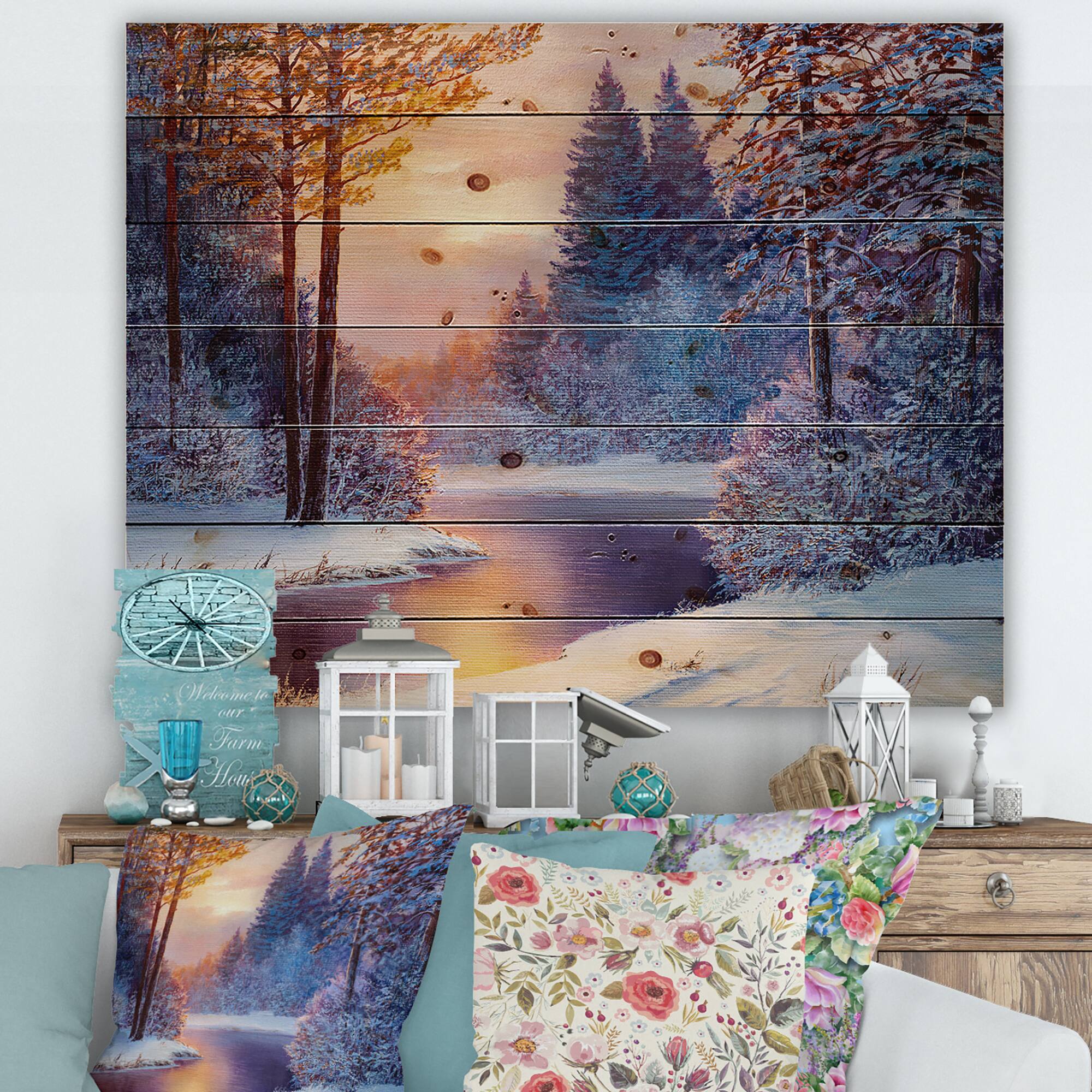 Designart - Winding River With Dark Blue Silhouettes of Trees - Lake House Print on Natural Pine Wood