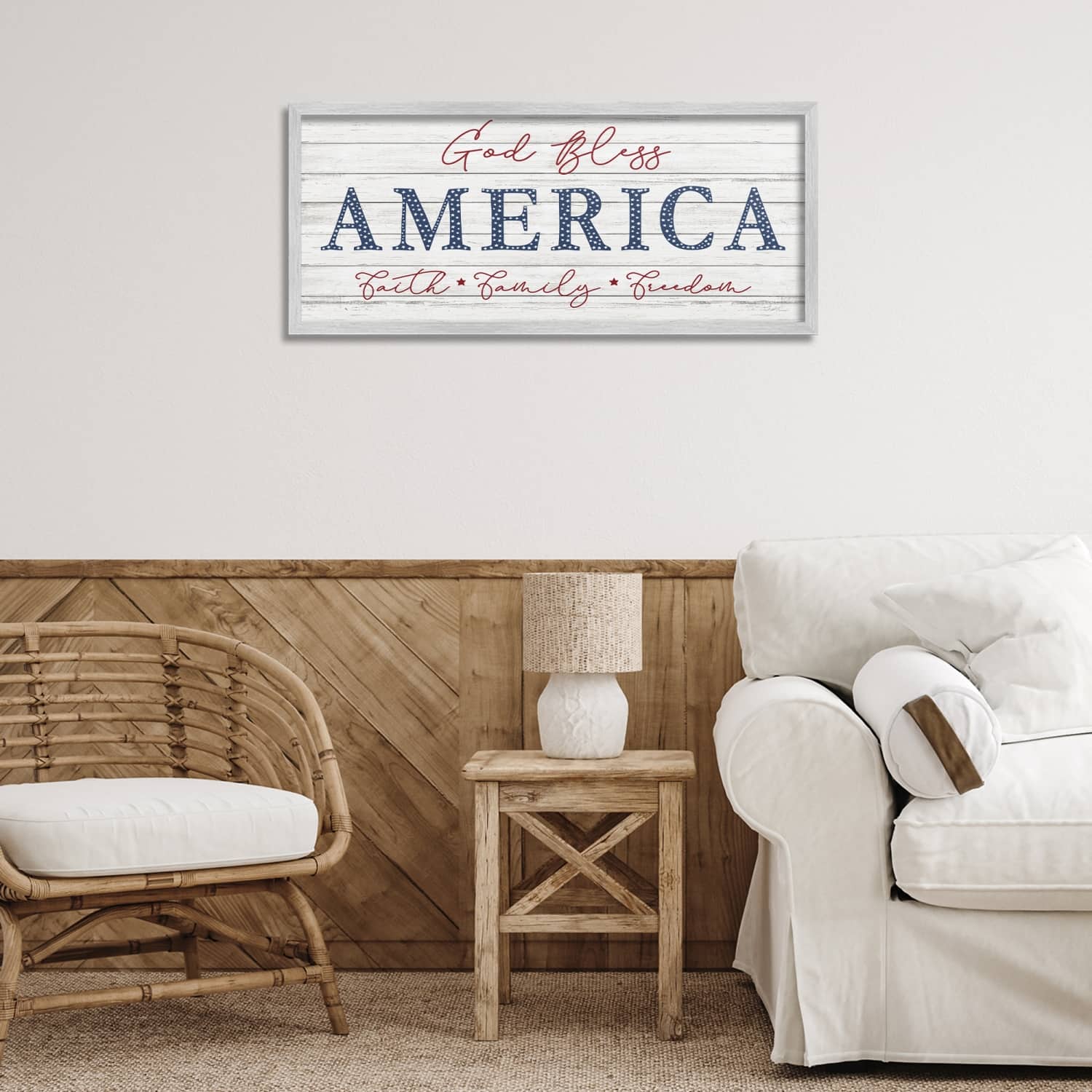 Stupell Industries God Bless America Faith Family Freedom Hanging Sign Framed Giclee Art