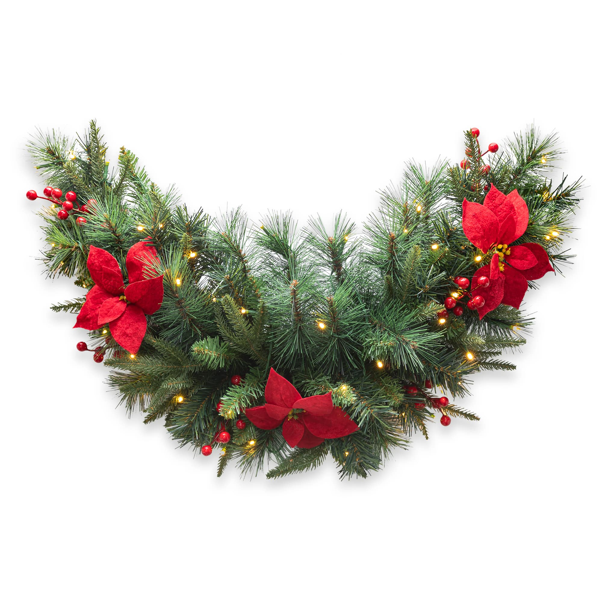 Glitzhome&#xAE; 3ft. Pre-Lit Pine, Poinsettia &#x26; Berries Christmas Swag