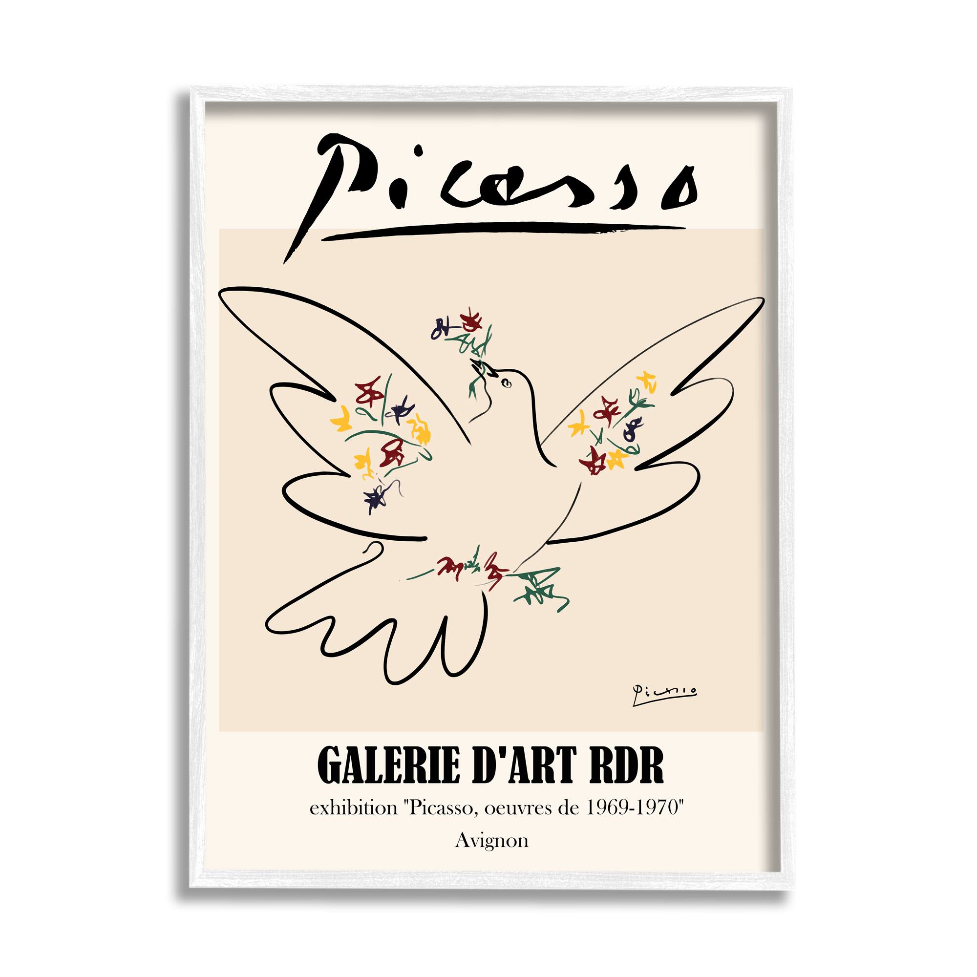 Stupell Industries Classical Abstract Picasso Peace Dove Bird Linework in White Frame Wall Art