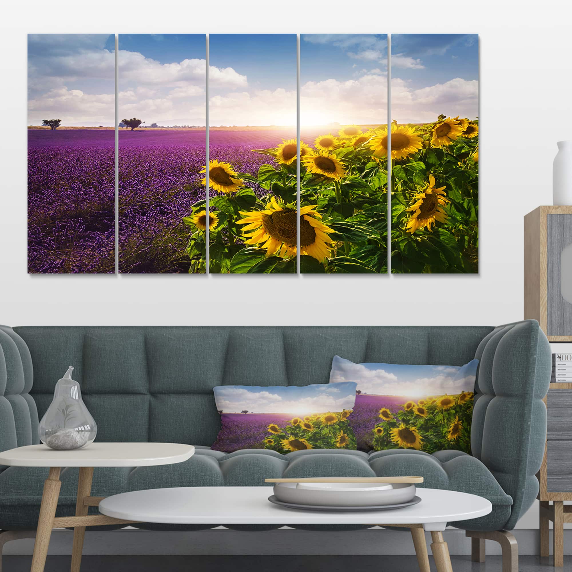 Designart - Lavender and Sunflower Fields - Floral Canvas Art Print
