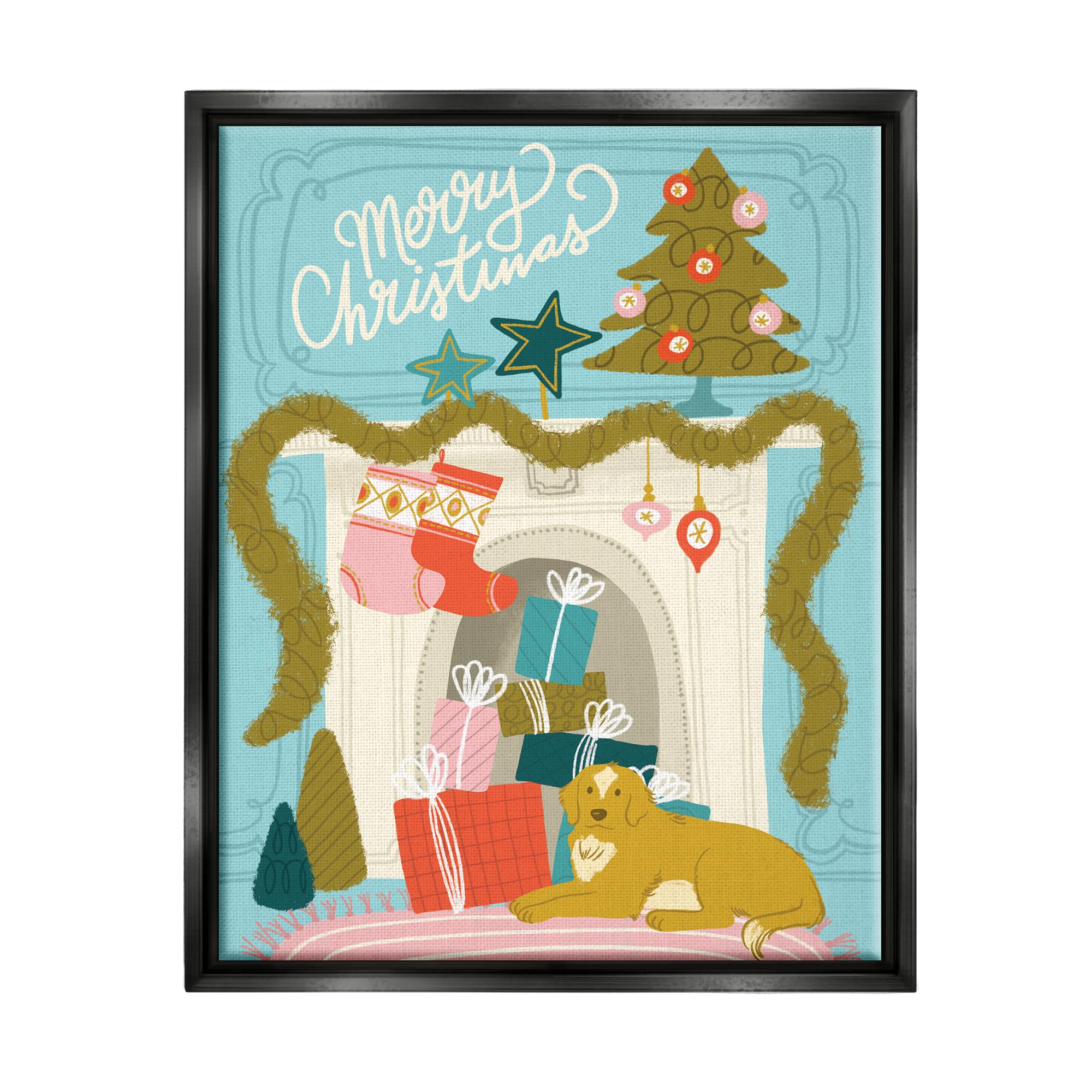Stupell Industries Whimsical Fireplace Merry Christmas Framed Floater Canvas Wall Art