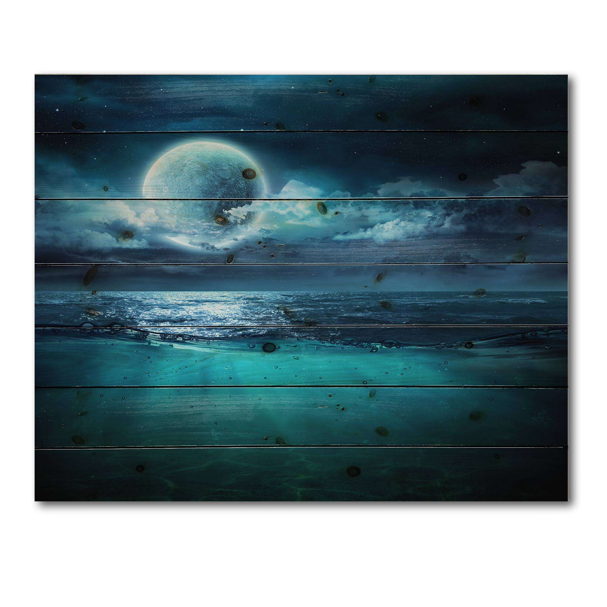 Designart - Romantic Moon Over Deep Blue Sea II - Nautical &#x26; Coastal Print on Natural Pine Wood