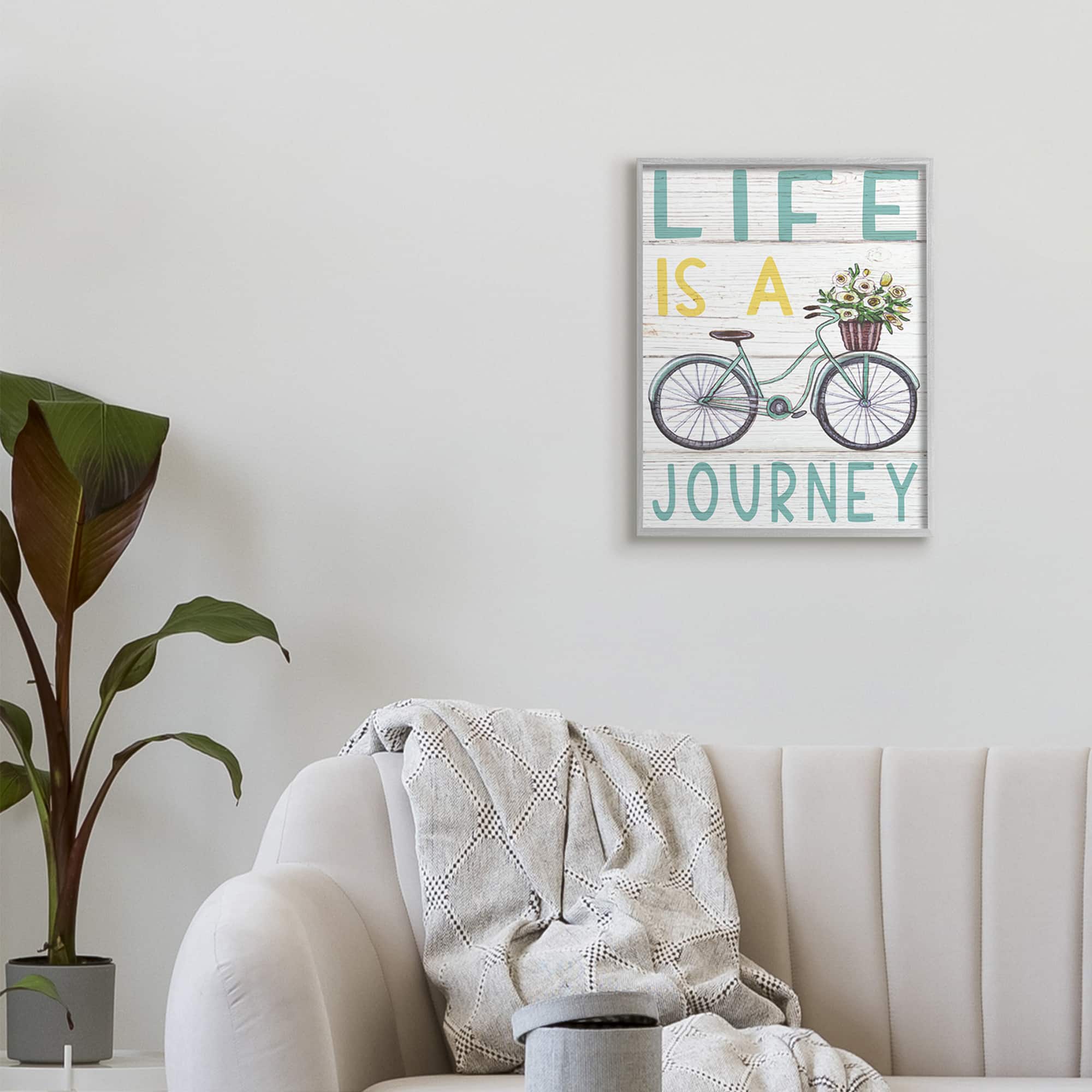 Stupell Industries Life's A Journey Blue Bicycle Flower Basket in Gray Frame Wall Art