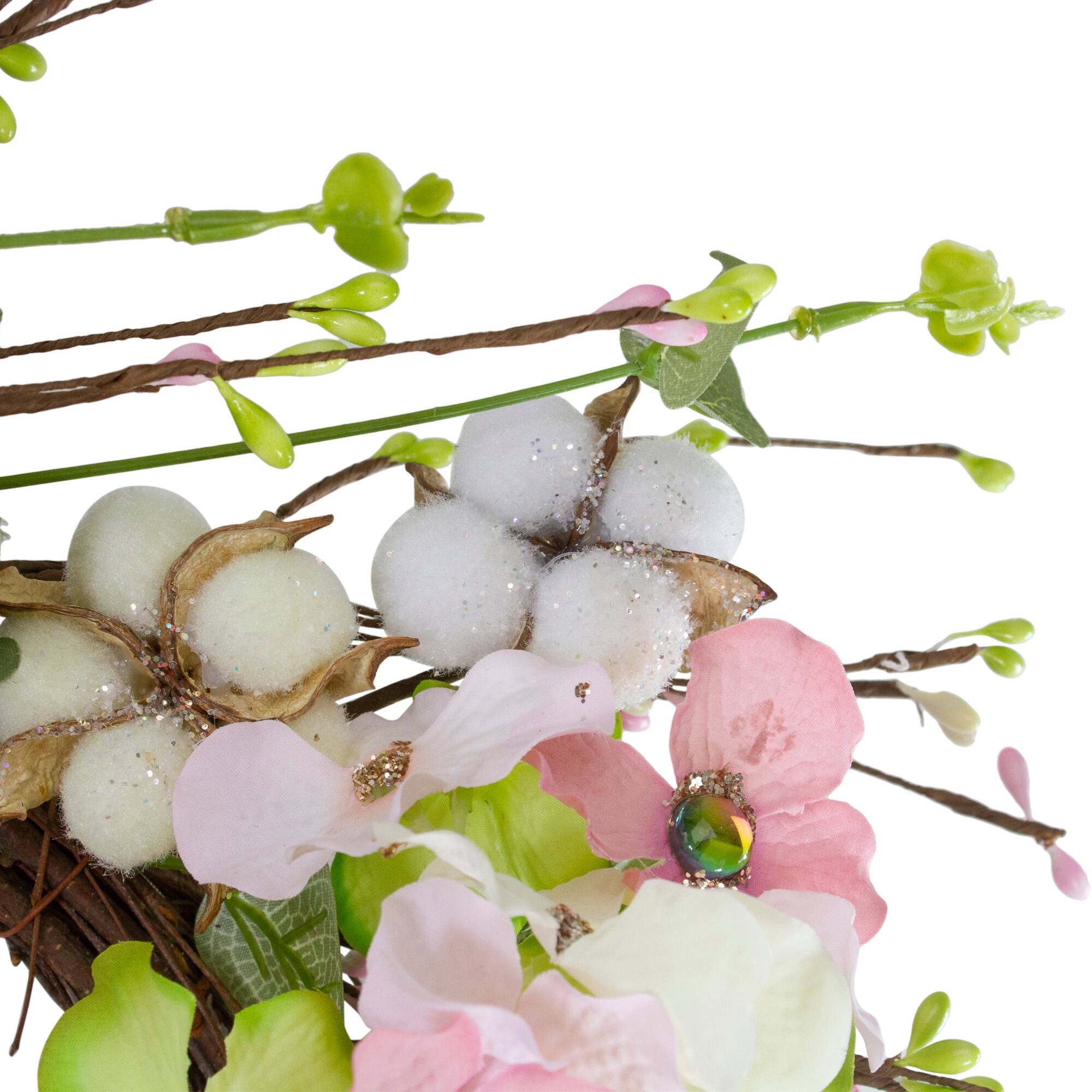 18'' Pink & Green Hydrangeas w/ Cotton Artificial Wreath