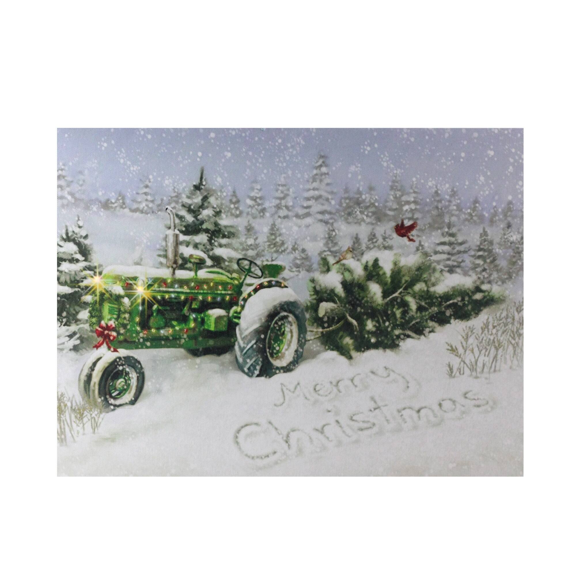 LED Lighted Merry Christmas Tractor Canvas Wall Art
