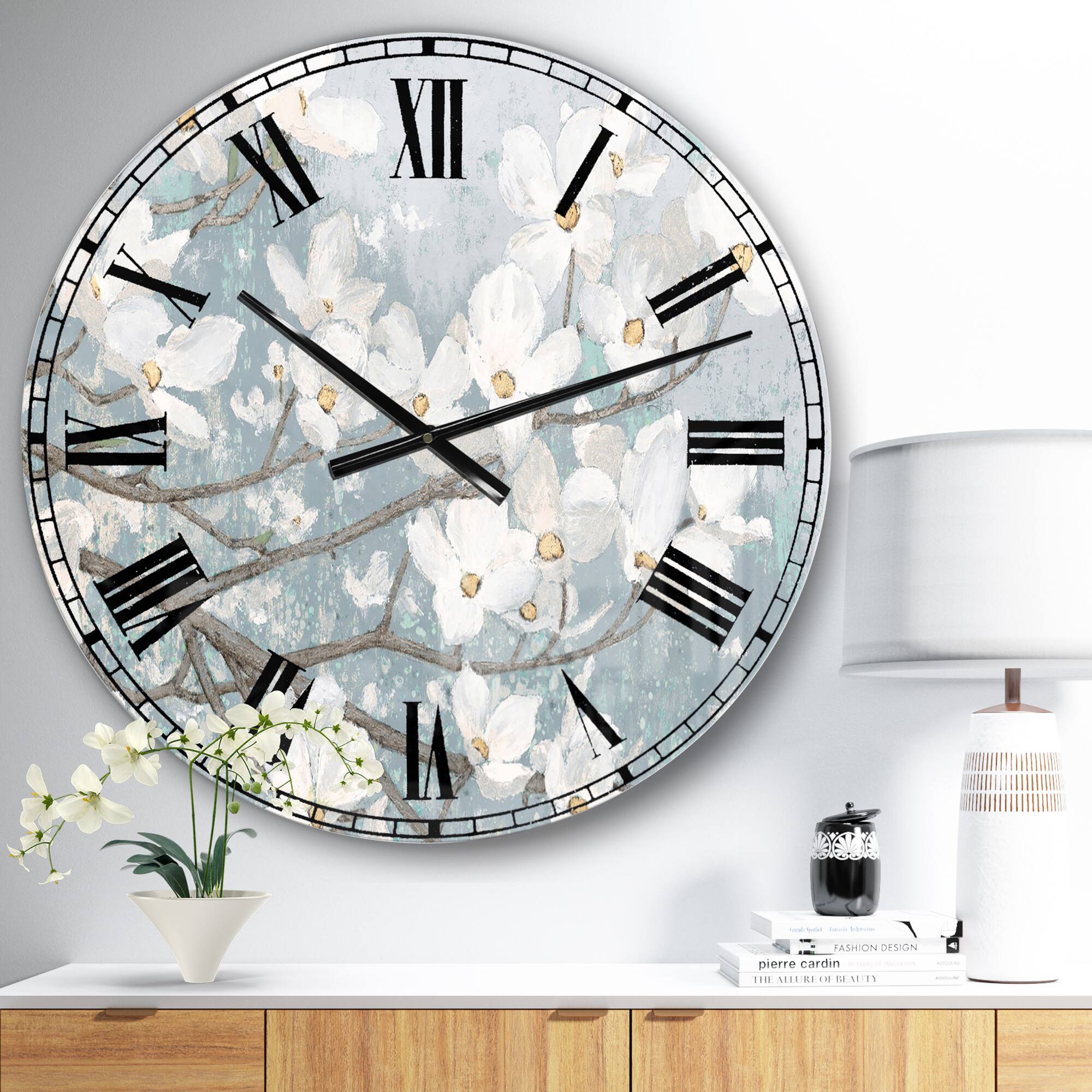Designart Blue On Gray Blossoms Wall Clock