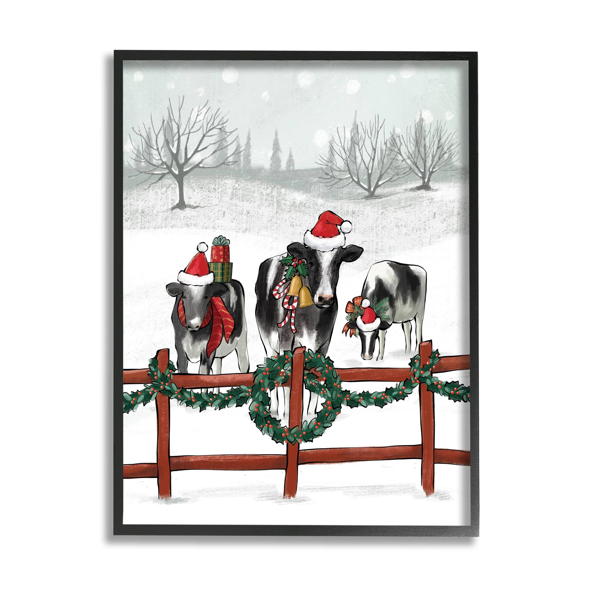 Stupell Industries Holiday Cows Farmland Fence Framed Giclee Art