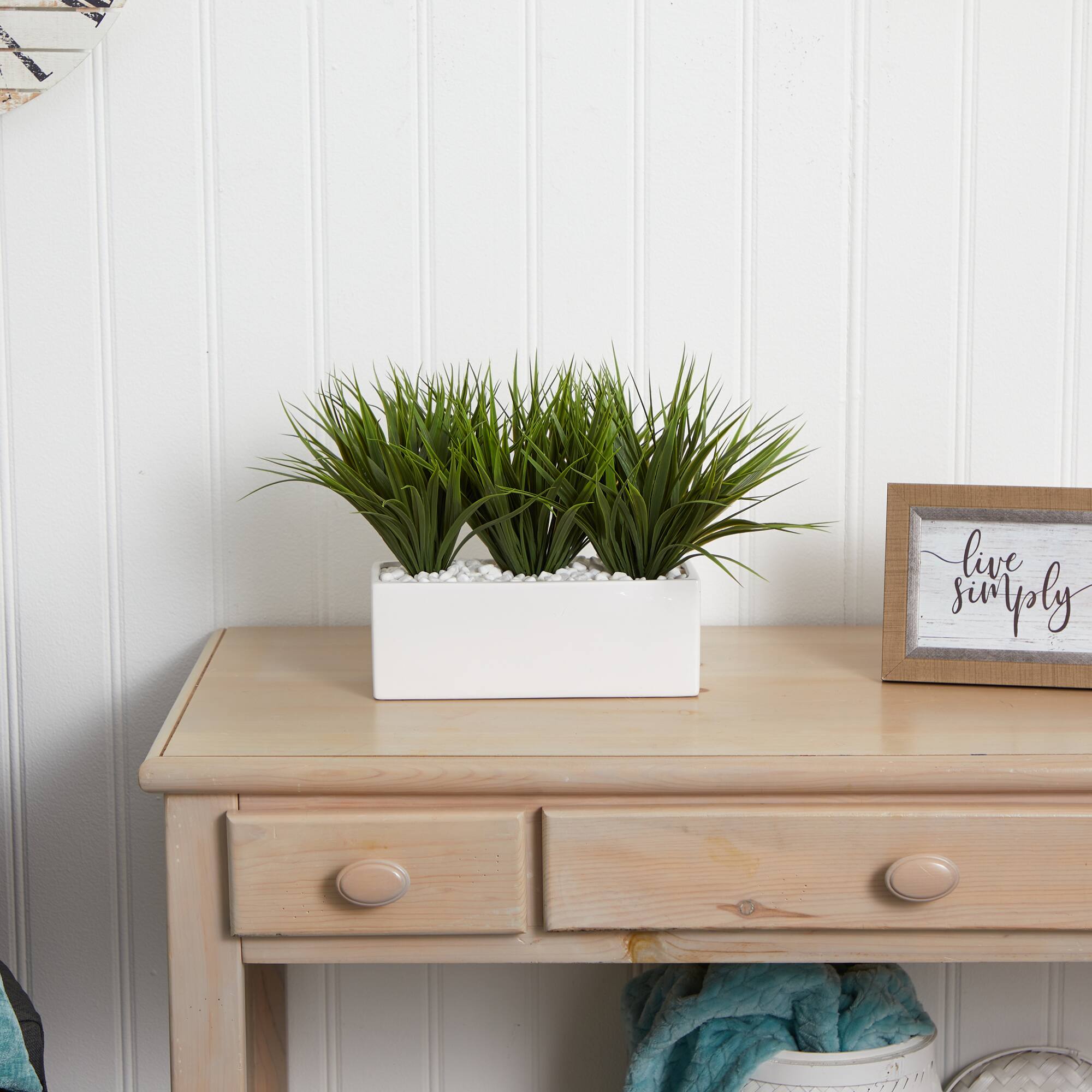 12" Vanilla Grass in White Rectangular Planter