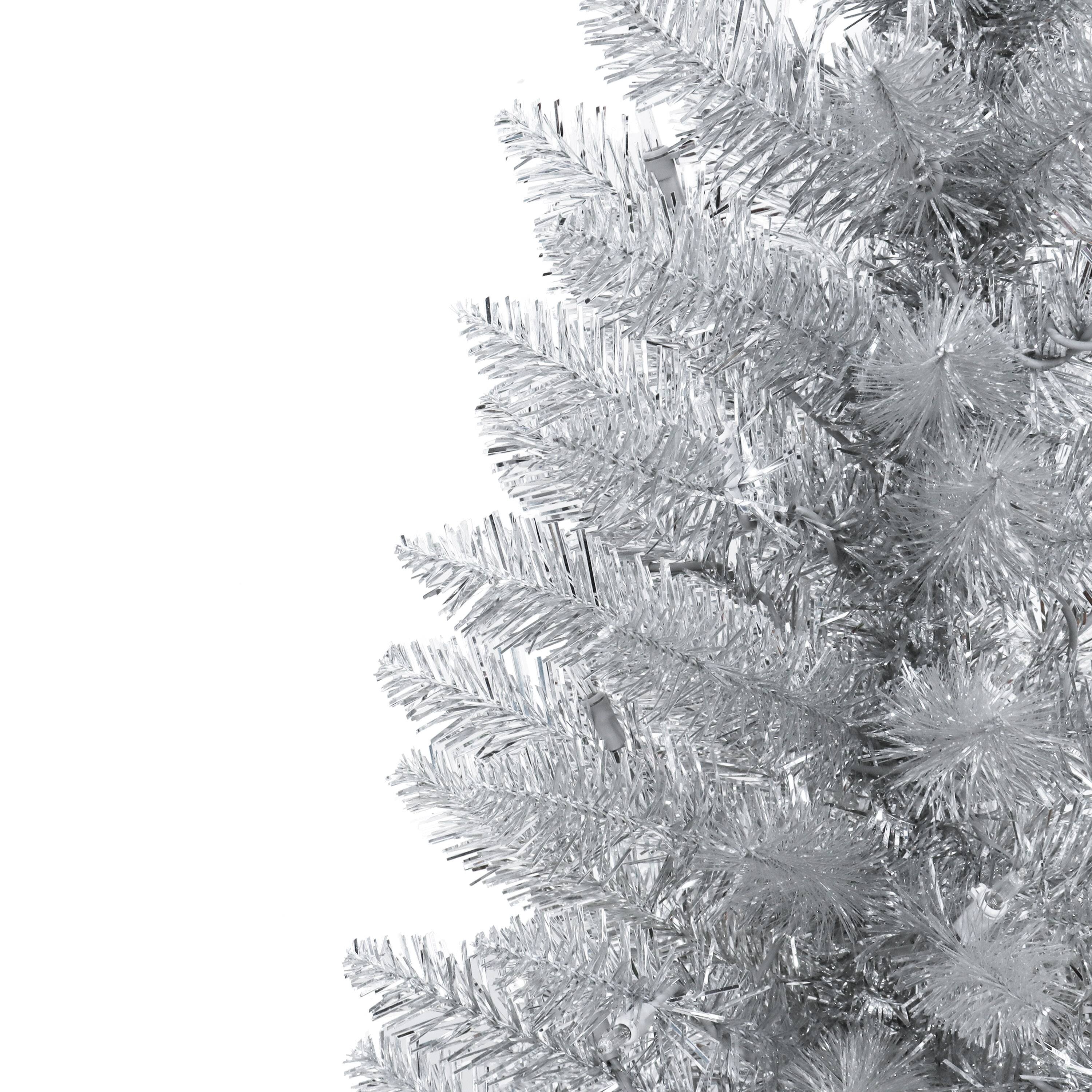7ft. Pre-Lit Silver Tinsel Artificial Christmas Tree, Clear Lights