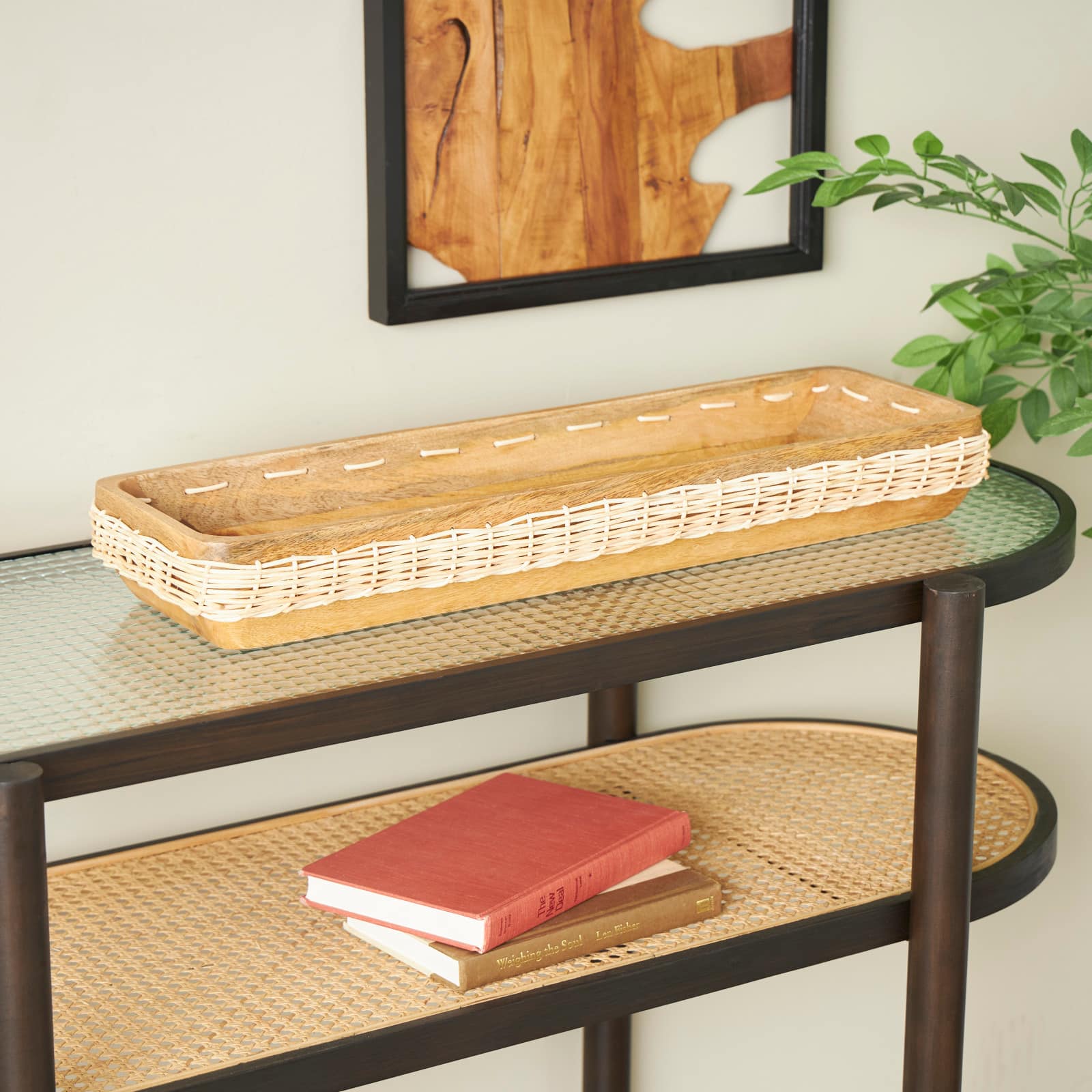 24.5&#x22; Brown Handmade Wooden Tray with Woven Seagrass Accent