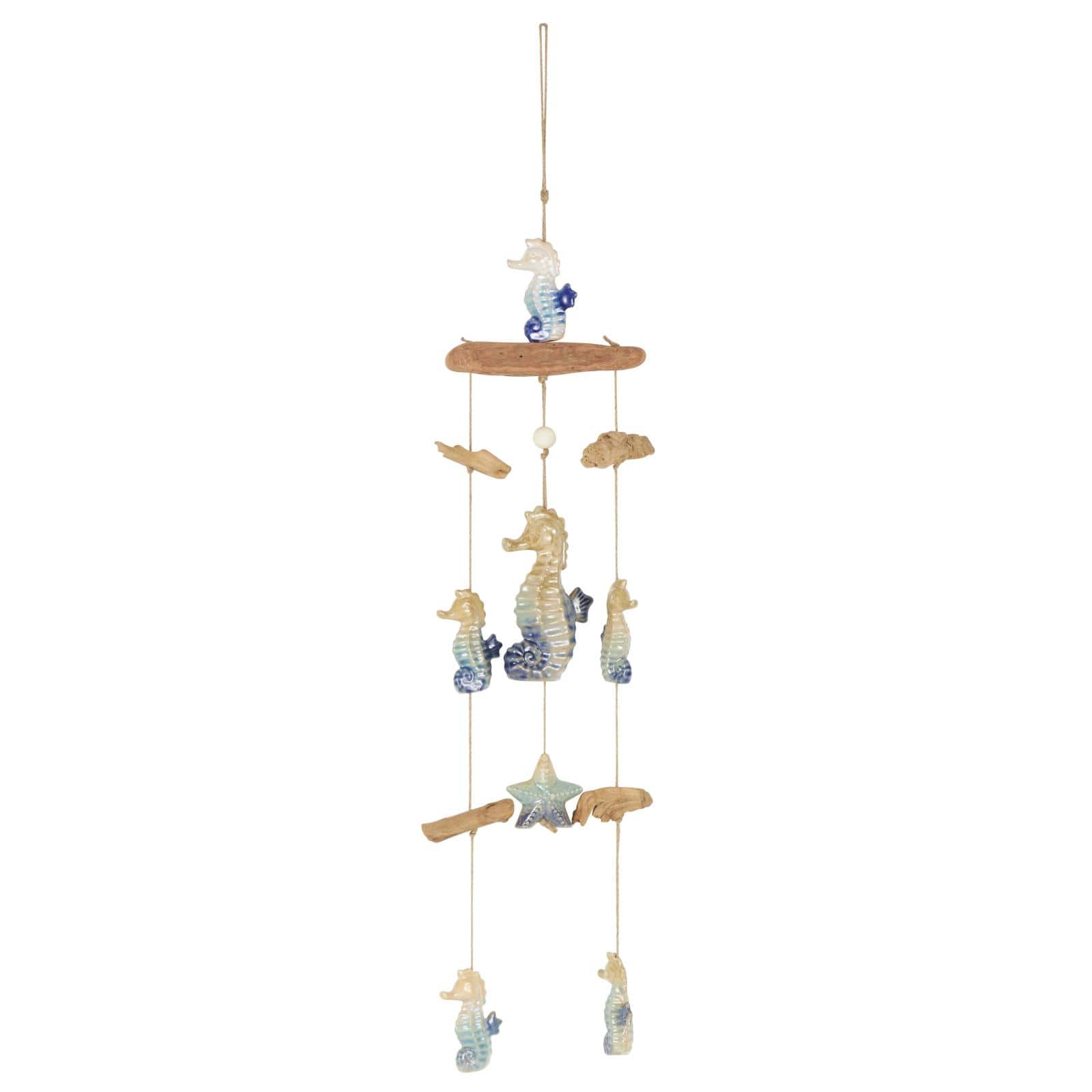 41&#x22; Blue Ombre Ceramic Starfish &#x26; Seahorse Windchime with Driftwood Accents