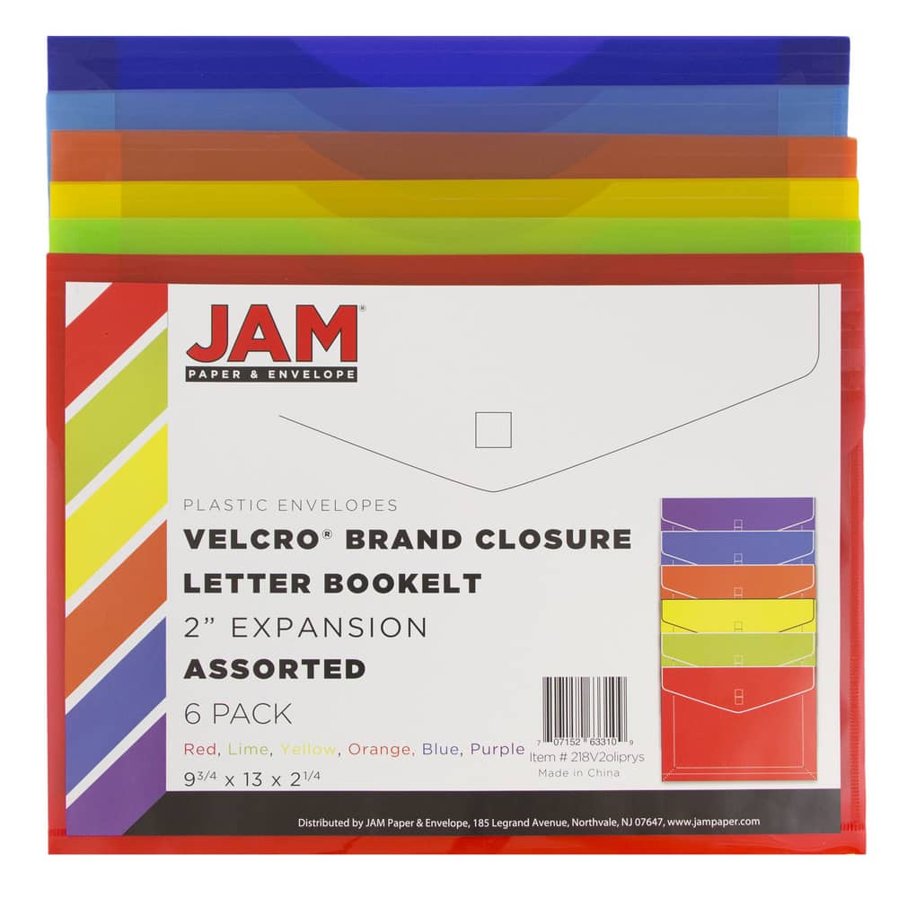 JAM Paper 9.75" x 13" Assorted Plastic Hook & Loop Closure Envelopes, 6ct.