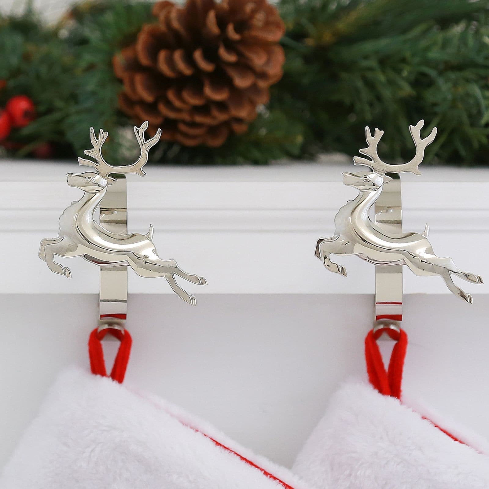Original MantleClip® Silver Reindeer Icons Stocking Holders, 2ct.