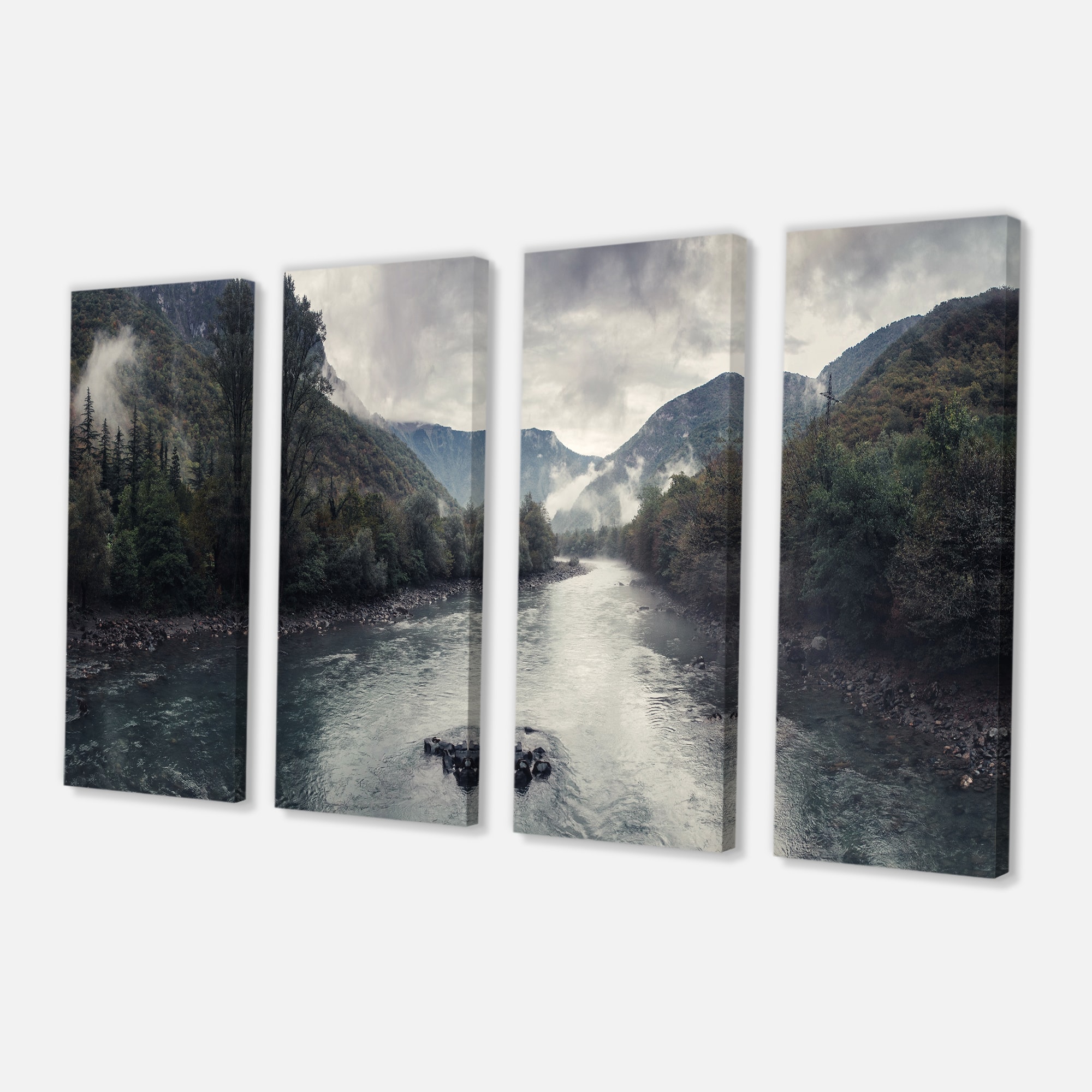 Designart - Mountain River with Fog and Rain - Modern Seascape Canvas Artwork