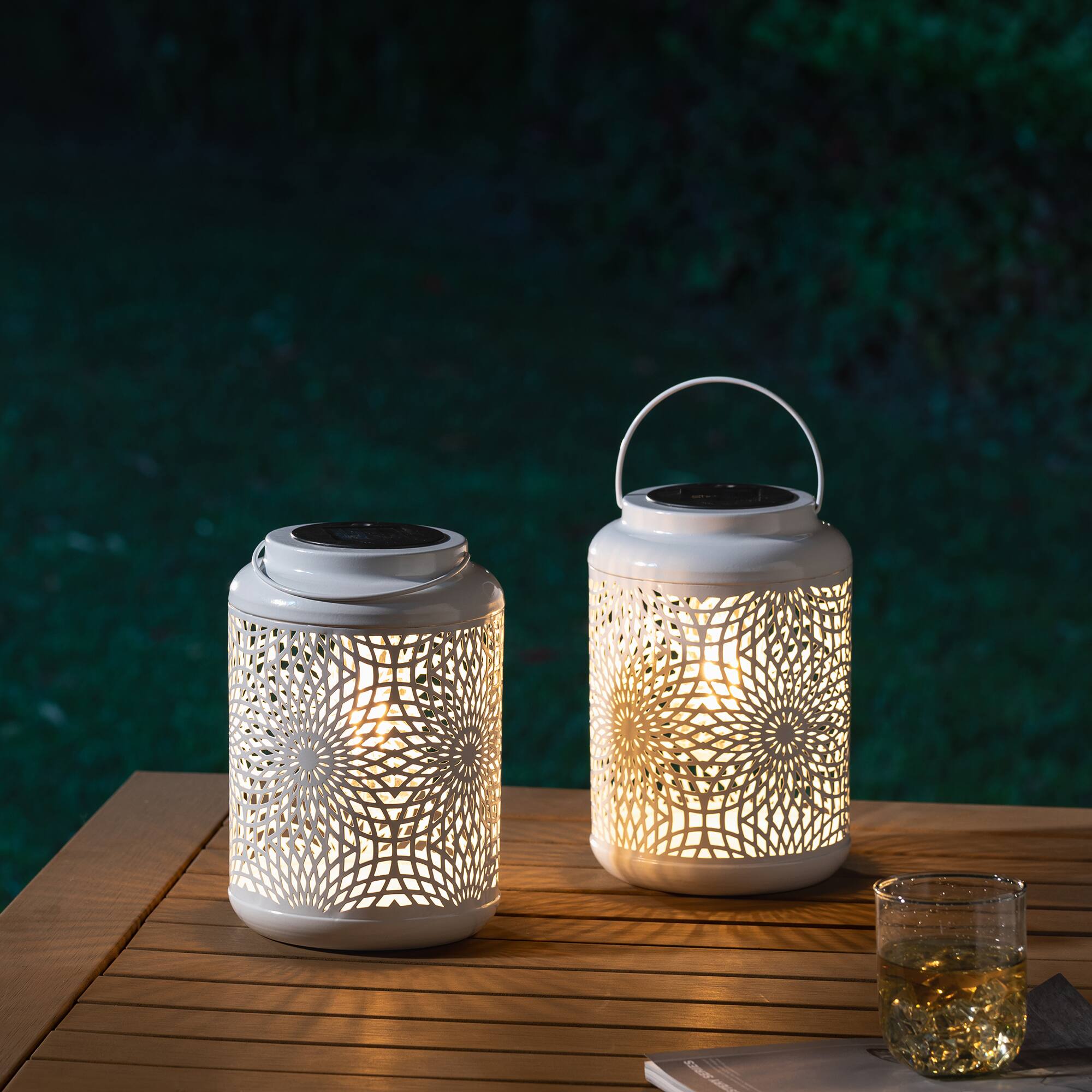Glitzhome&#xAE; 8.75&#x22; Metal Cutout Solar Powered Hanging Lantern Set