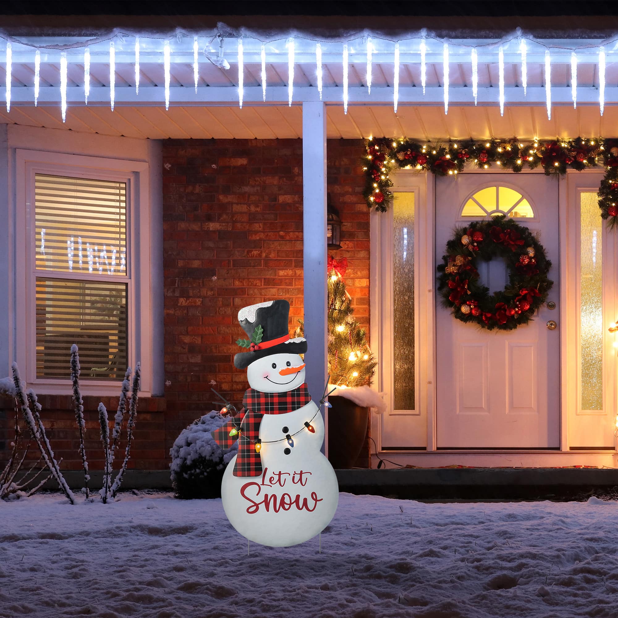 Glitzhome&#xAE; 36&#x22; Lighted Metal Christmas Snowman Yard Stake with Colorful Bulbs