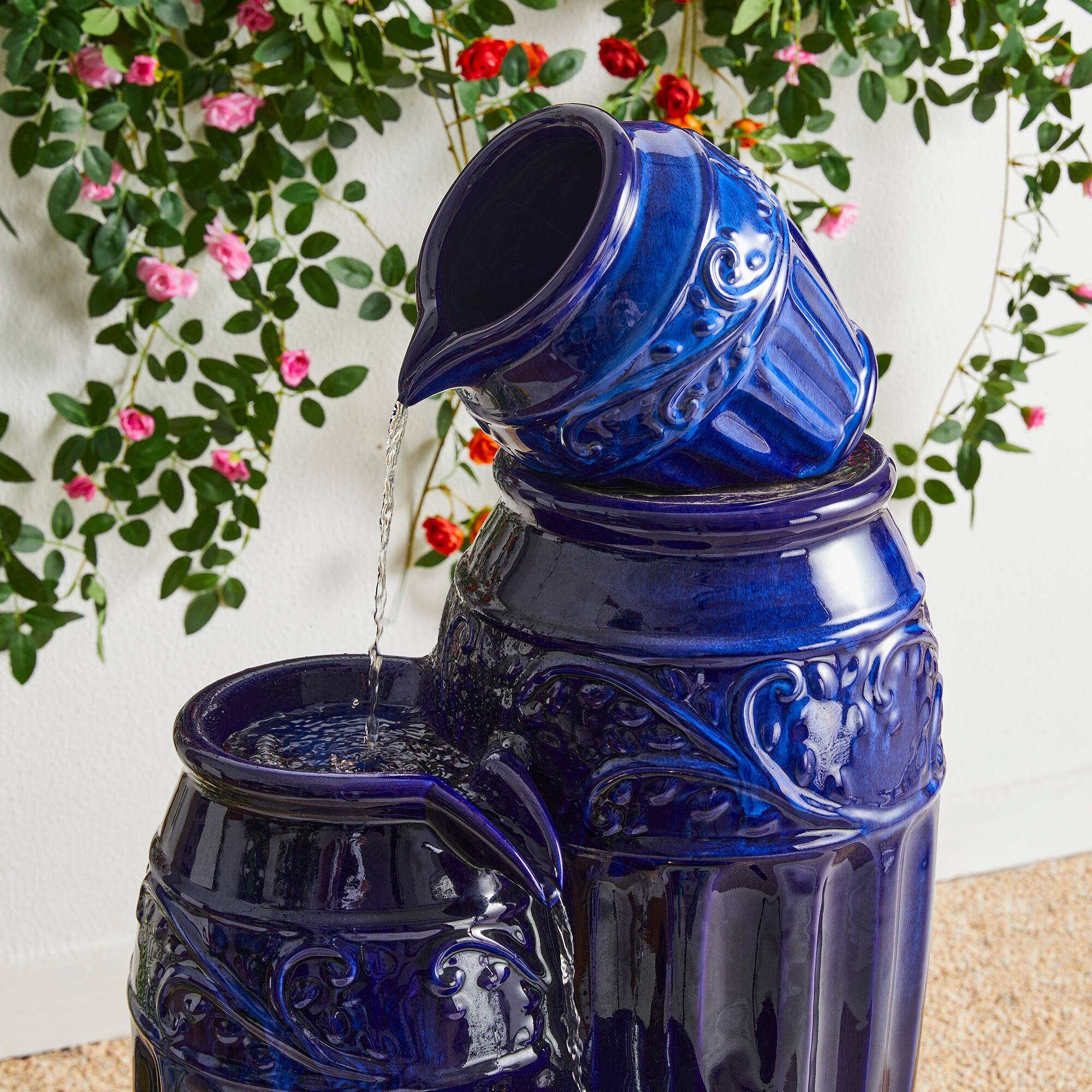 Glitzhome® 35.5" Oversized 4-Tier Embossed Pattern Ceramic Pots Outdoor Fountain with LED Light