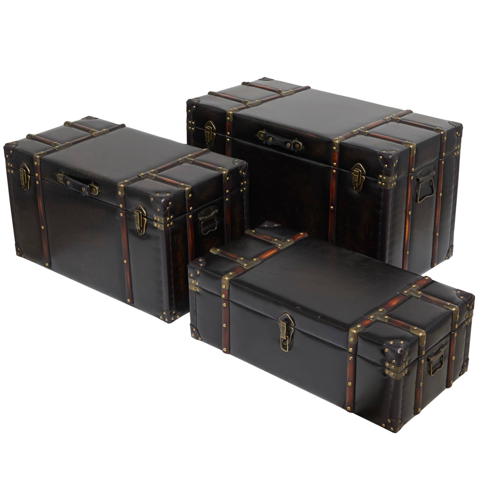 Dark Brown Faux Leather Studded Trunk with Latches & Handles Set
