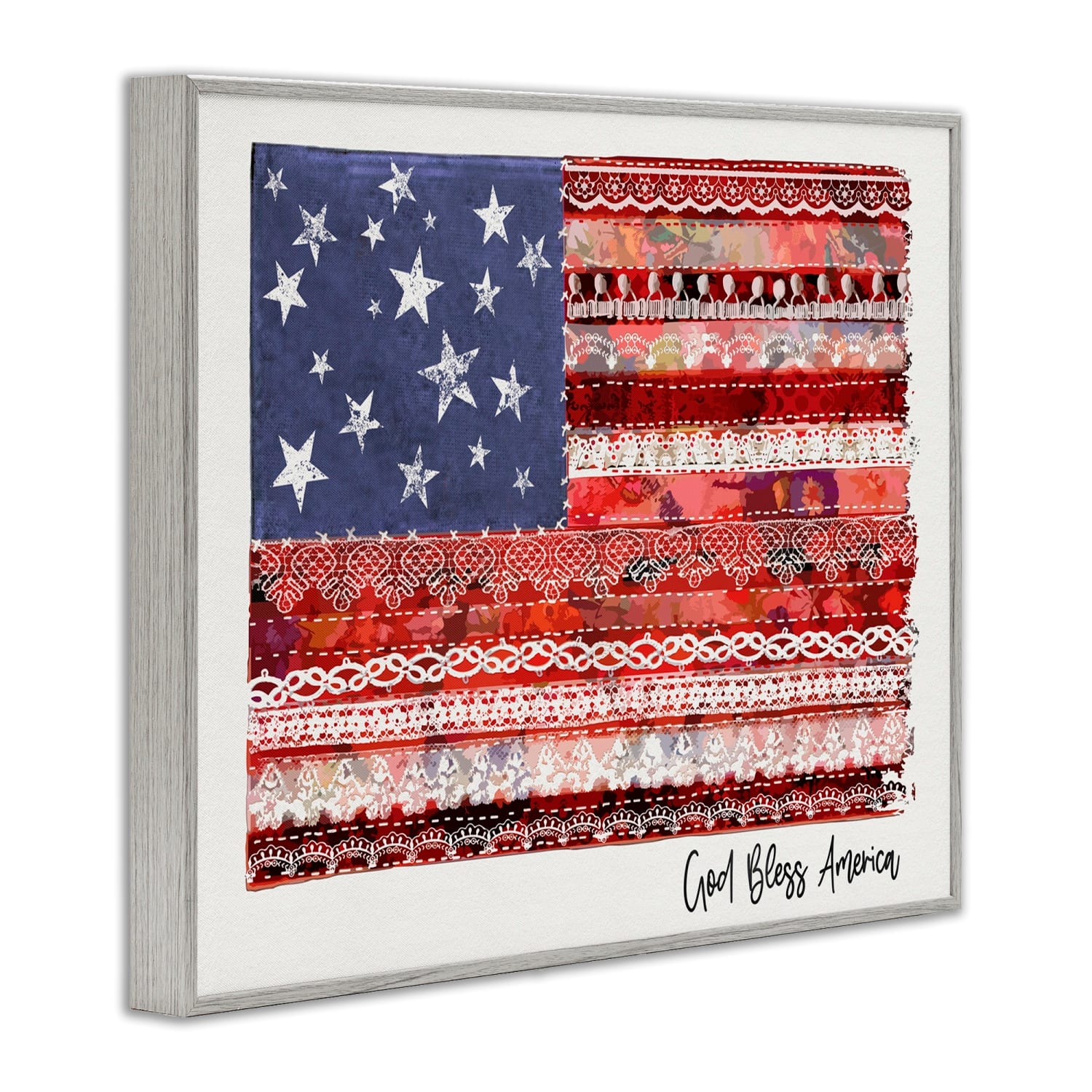 Stupell Industries God Bless America Phrase Macrame Pattern Flag Framed Giclee Art