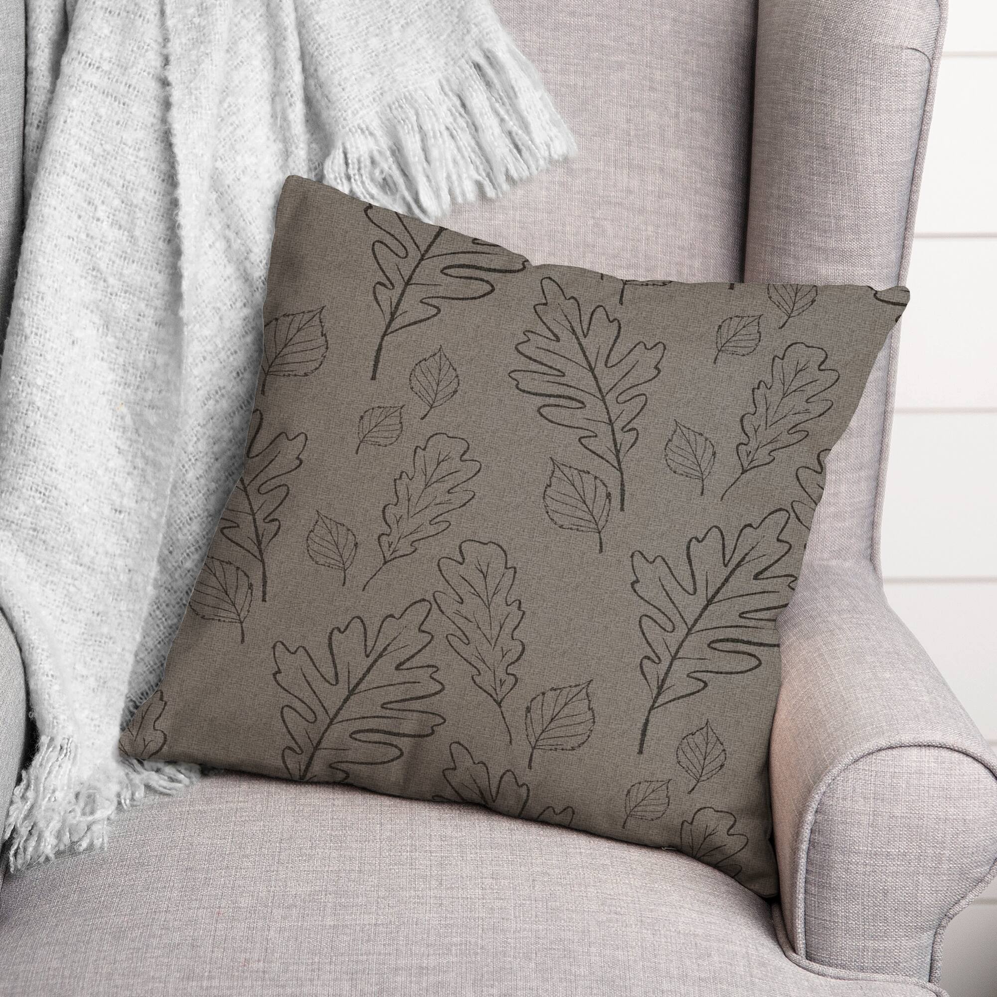 Gray Large Leaf Pattern Throw Pillow