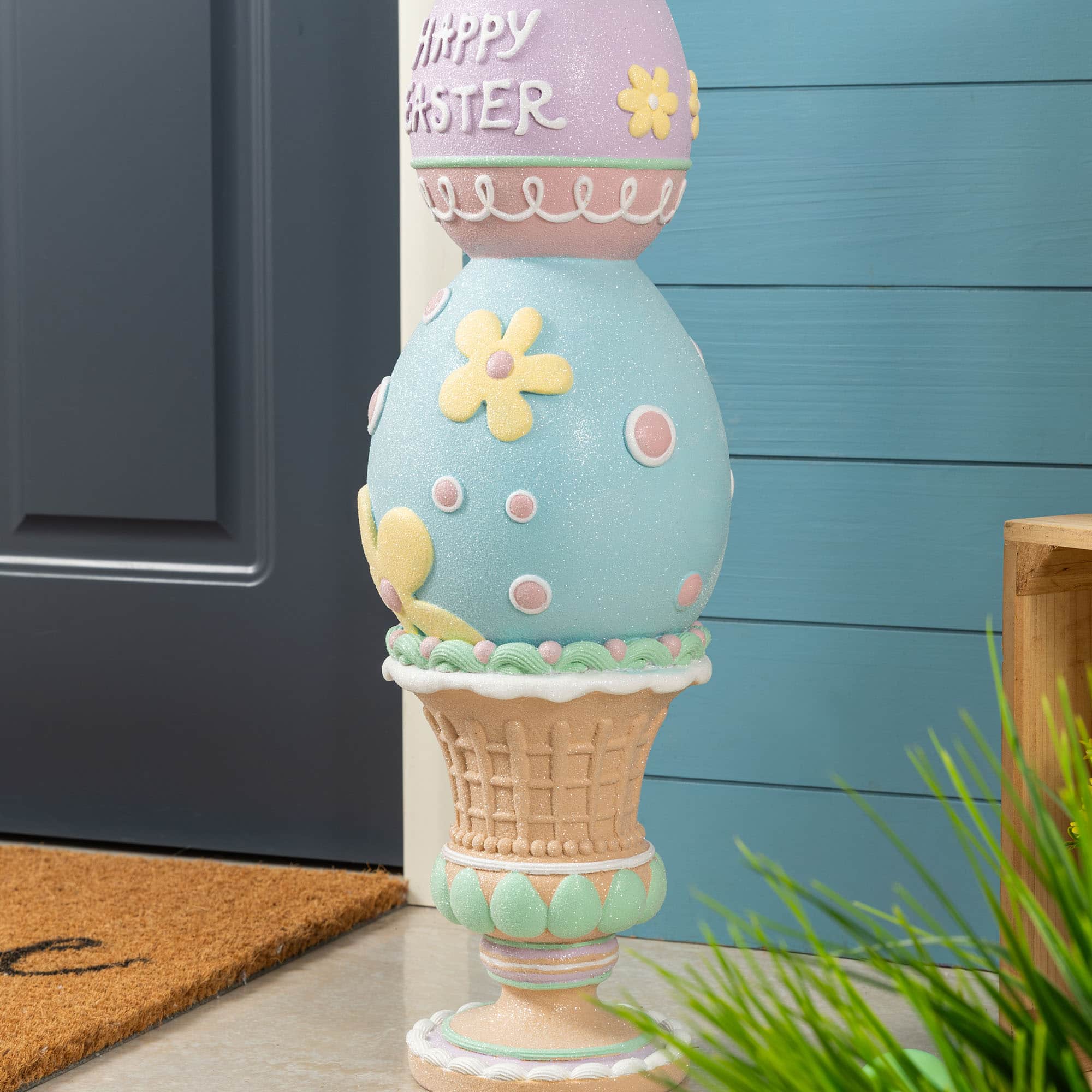 Glitzhome® 30.5" Easter Resin Macaron Stacked Egg & Bunny Porch Decor