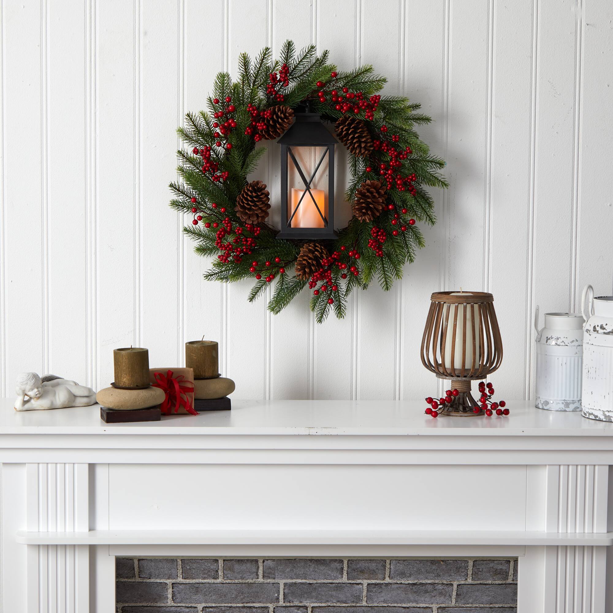 28" Berries & Pine Christmas Wreath with Lantern & Included LED Candle