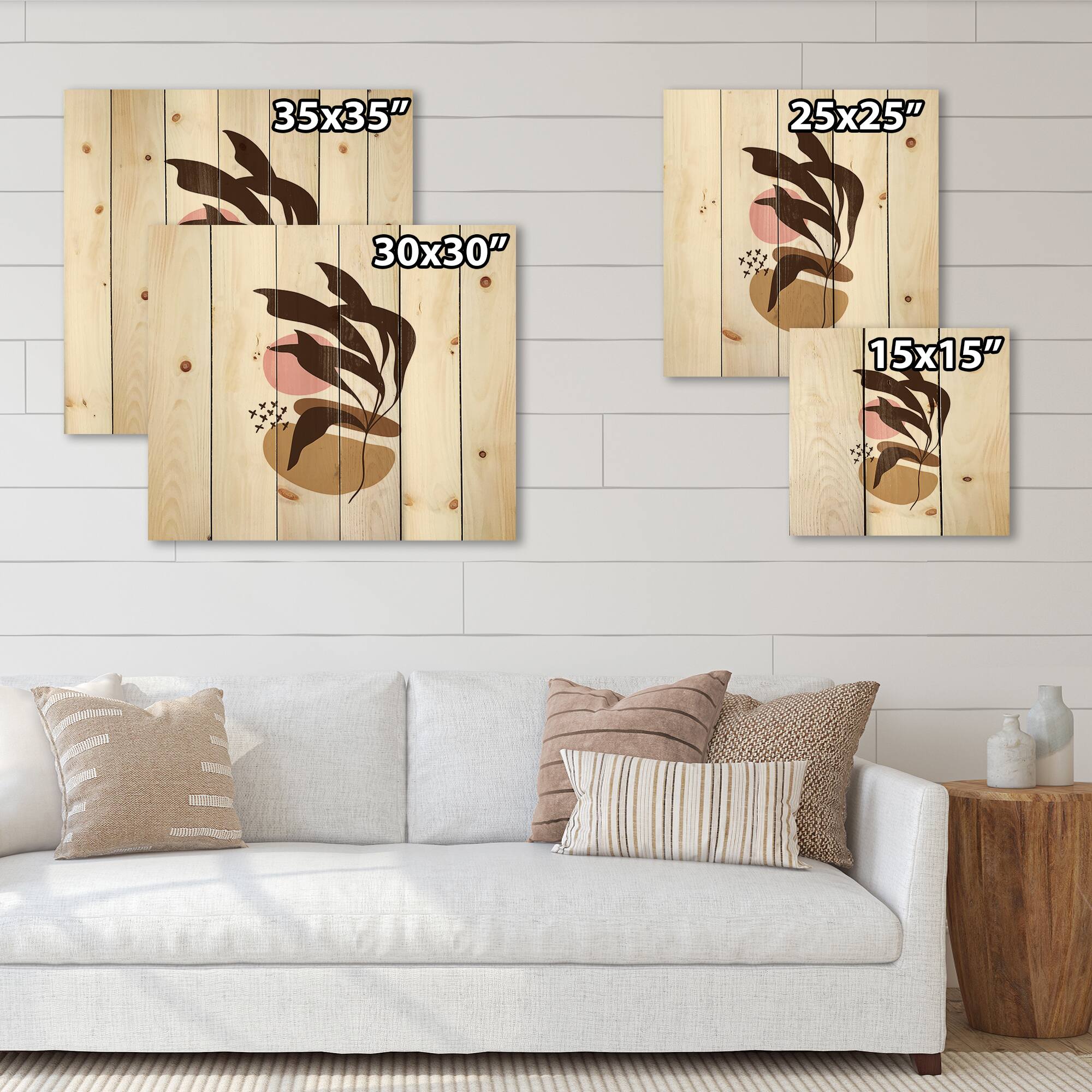 Designart - Elementary Shapes With Abstract Plants - Modern Print on Natural Pine Wood