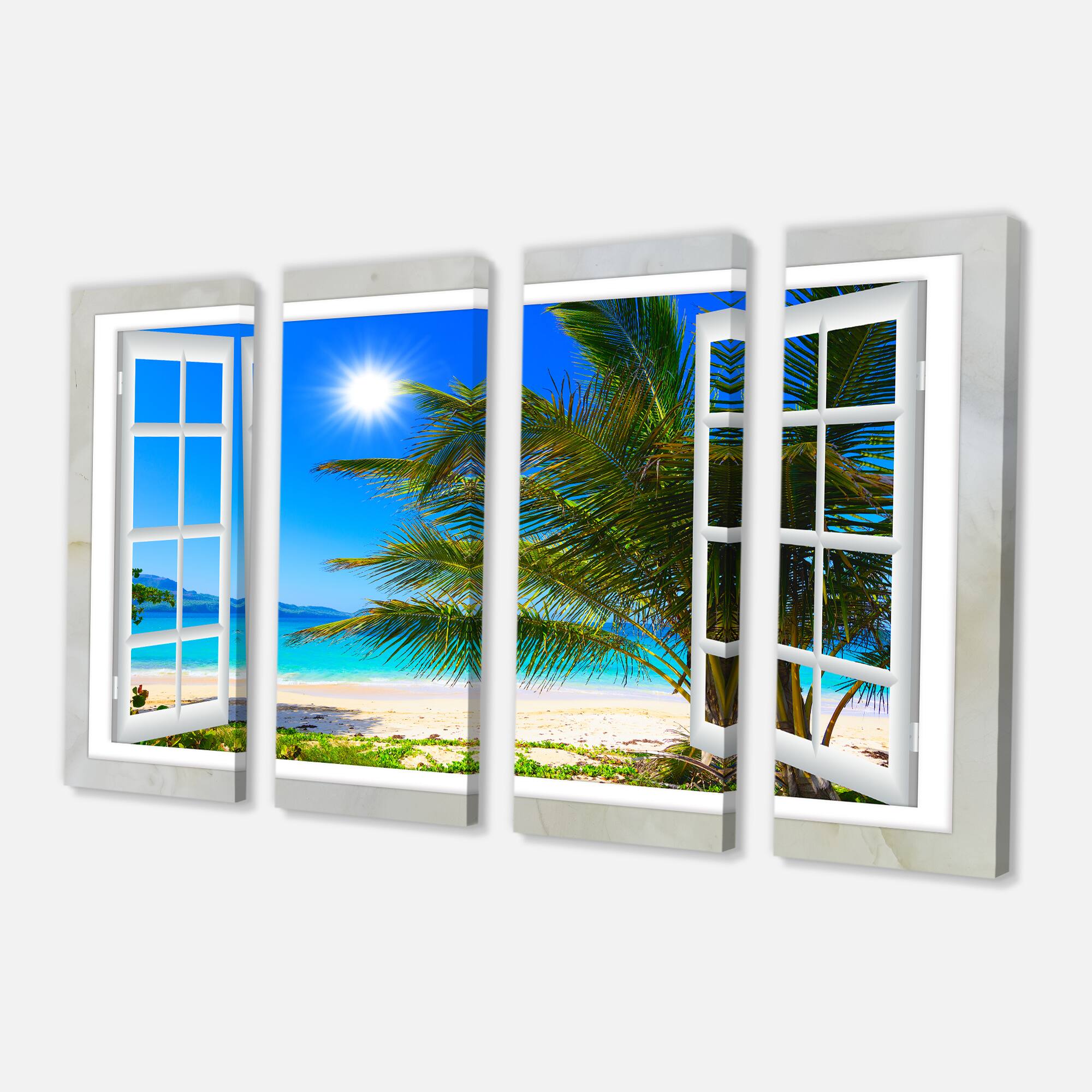 Designart - Window Open to Beach with Palm