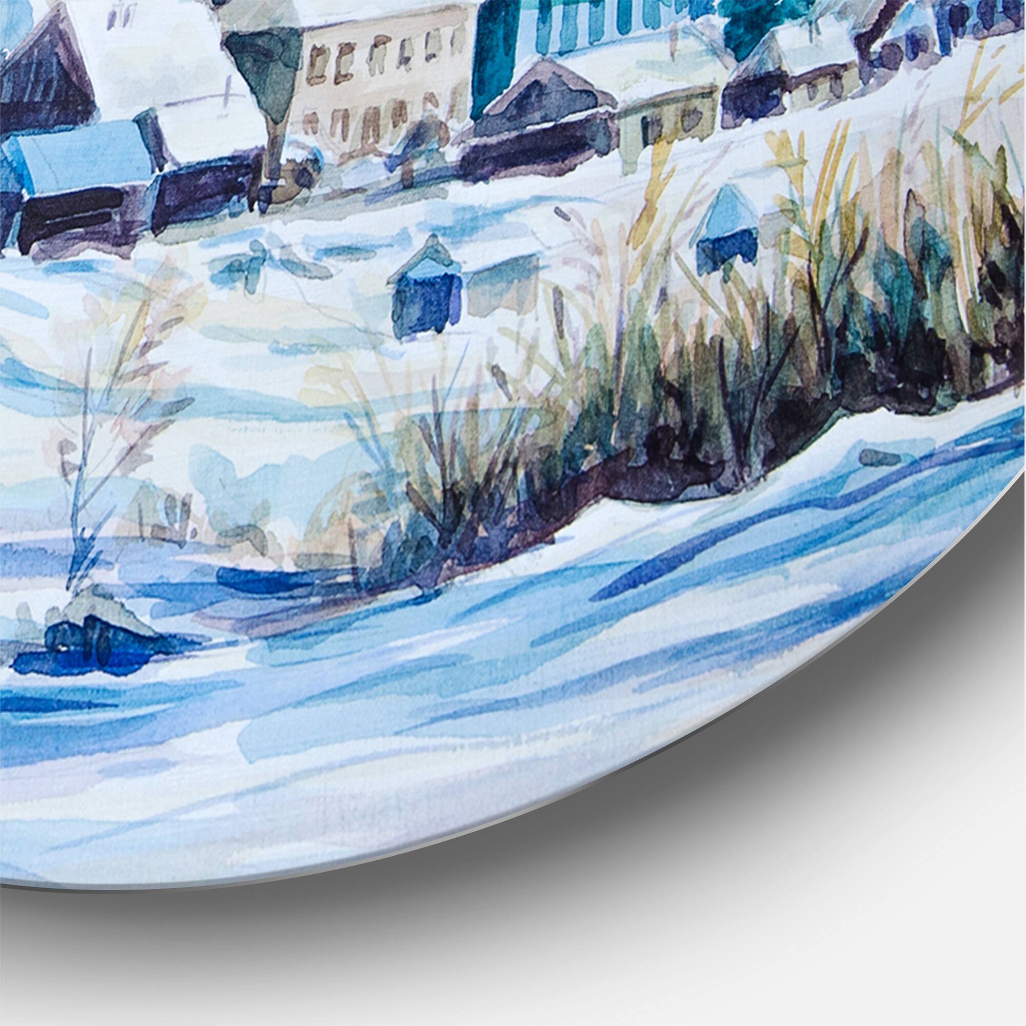 Designart - Small Town In Winter Times - Traditional Metal Circle Wall Art