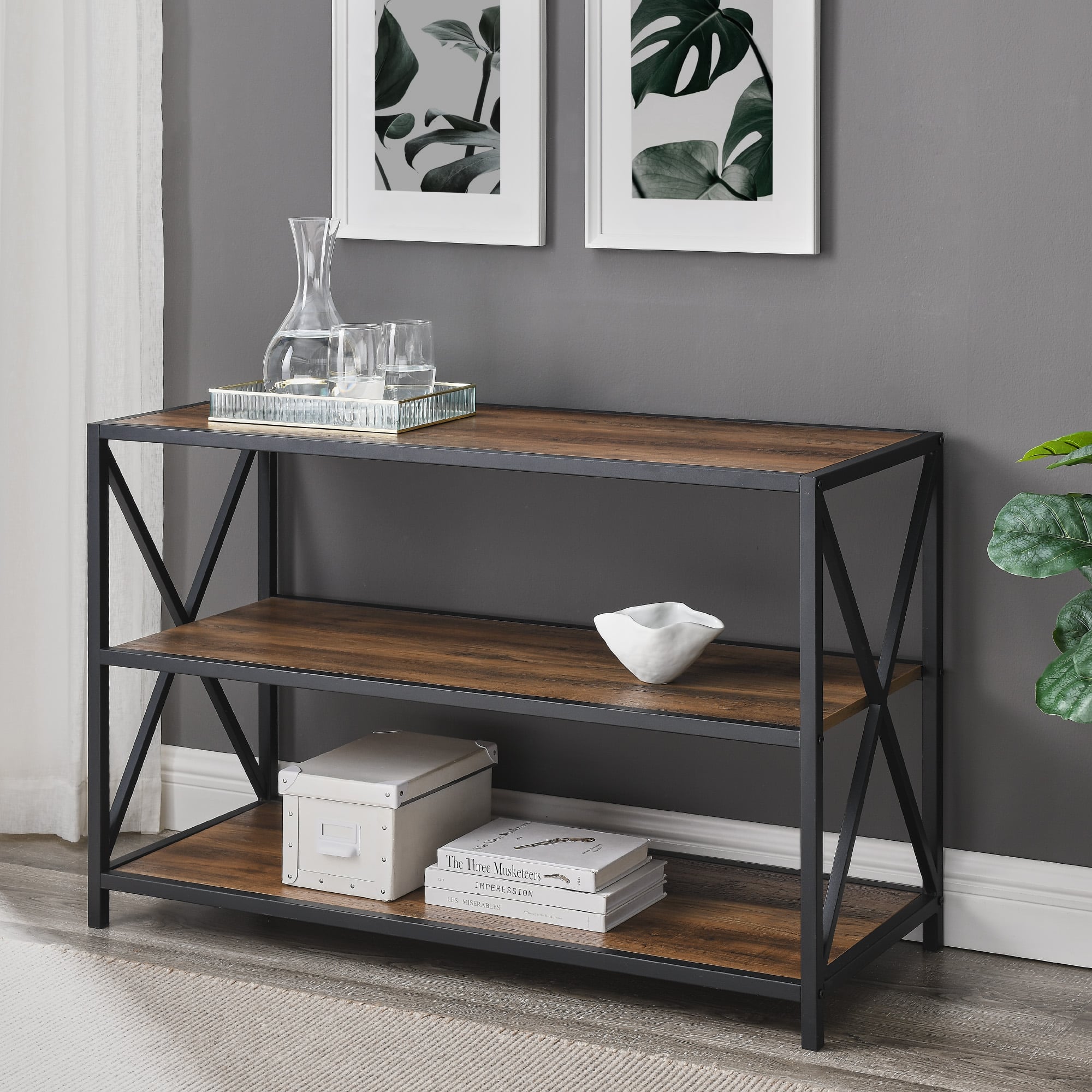 Walker Edison Rustic Oak X-Frame Industrial Wood Bookshelf
